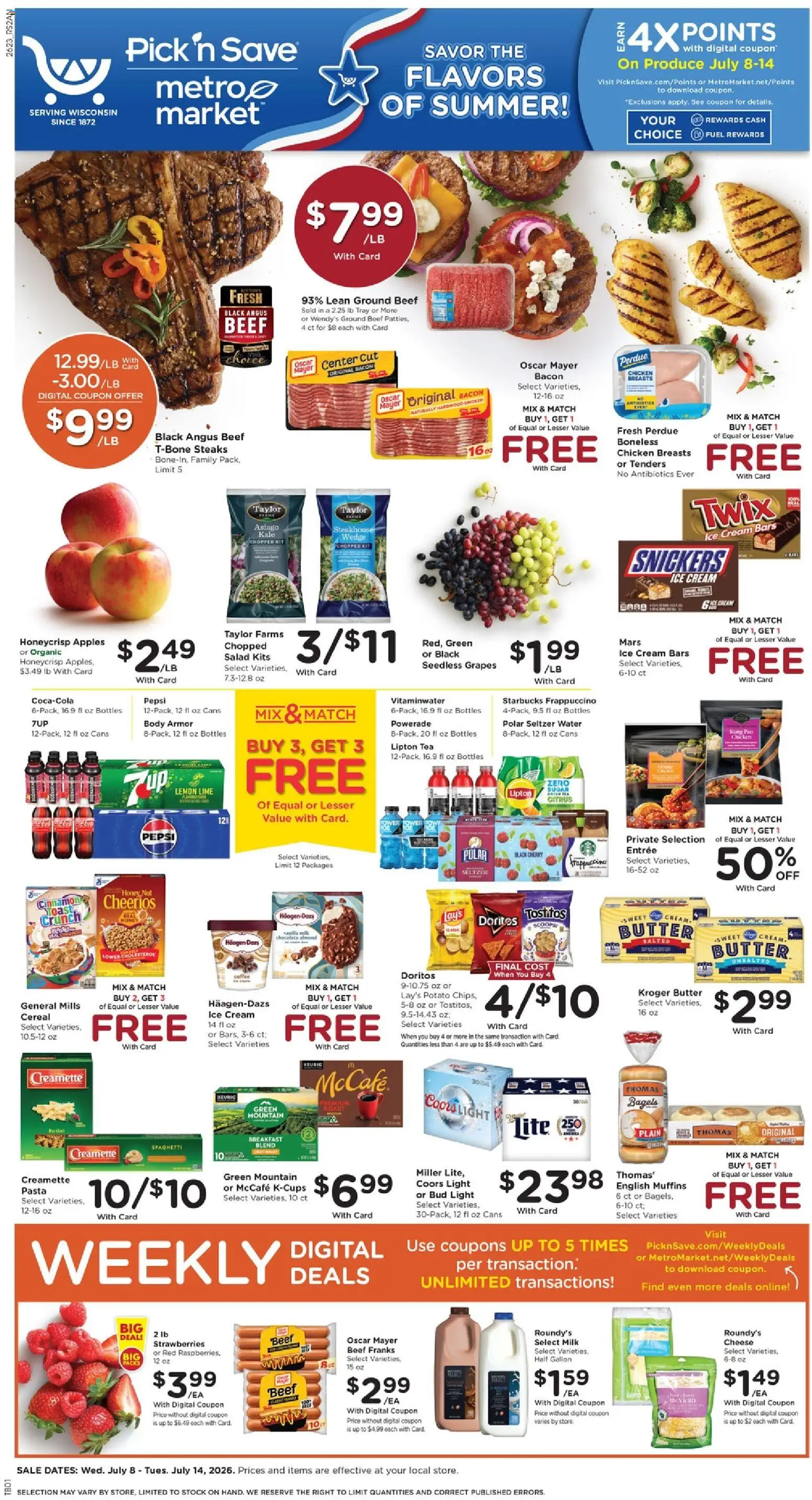 Pick ‘n Save Weekly Ad - valid from 07/08/2026 | Page: 1 | Products: Beef, Pasta, Sugar, Grapes