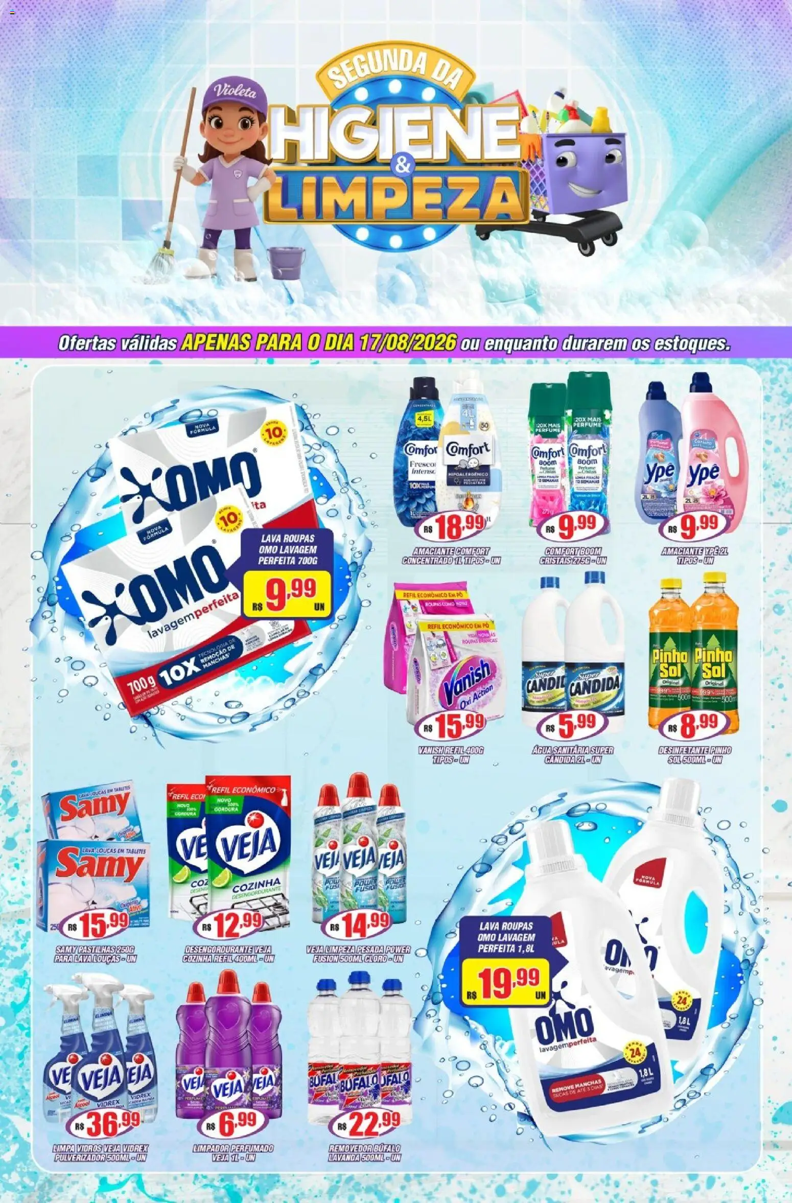 Violeta Supermercados Folheto - válido de 17/08/2026 | Página: 1 | Produtos: Cloro, Desengordurante, Limpa vidros, Desinfetante