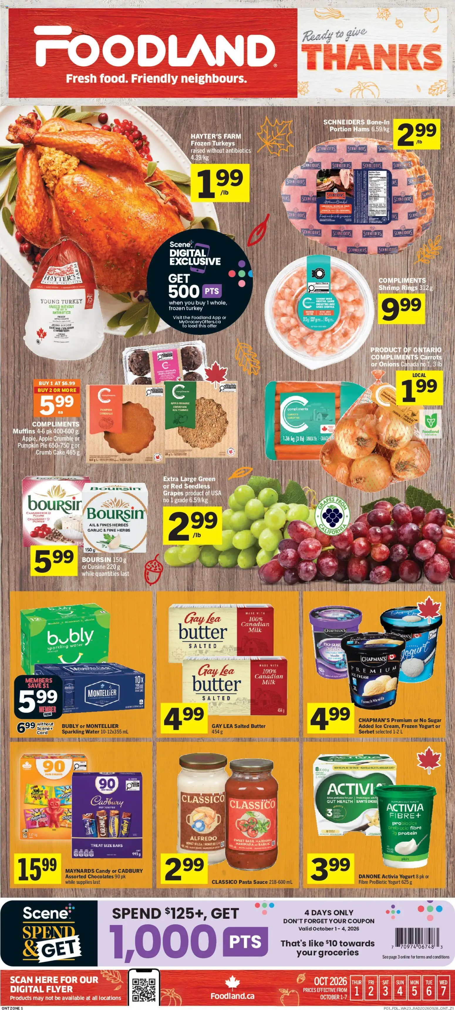 Foodland flyer valid from Oct 1, 2026 | Page: 1 | Products: Water, Carrots, Shrimp, Ham