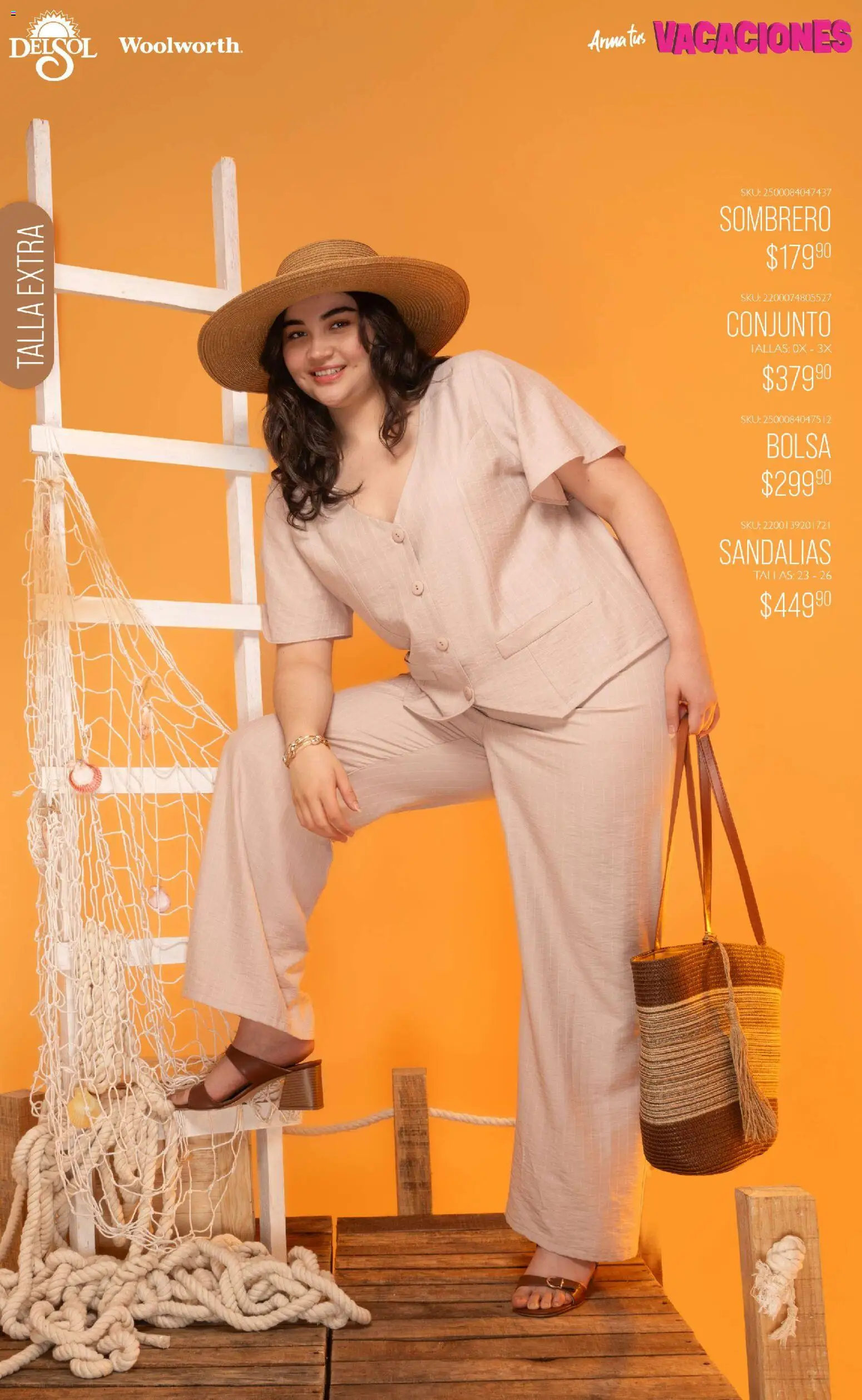 Nuevas ofertas de Del Sol y Woolworth válidas en toda la República Mexicana desde el 19.03.2026. ¡Encuentra las mejores ofertas en Del Sol y Woolworth catálogo Moda Vacaciones! | Página: 11 | Productos: Sombrero, Bolsa, Conjunto, Sandalias