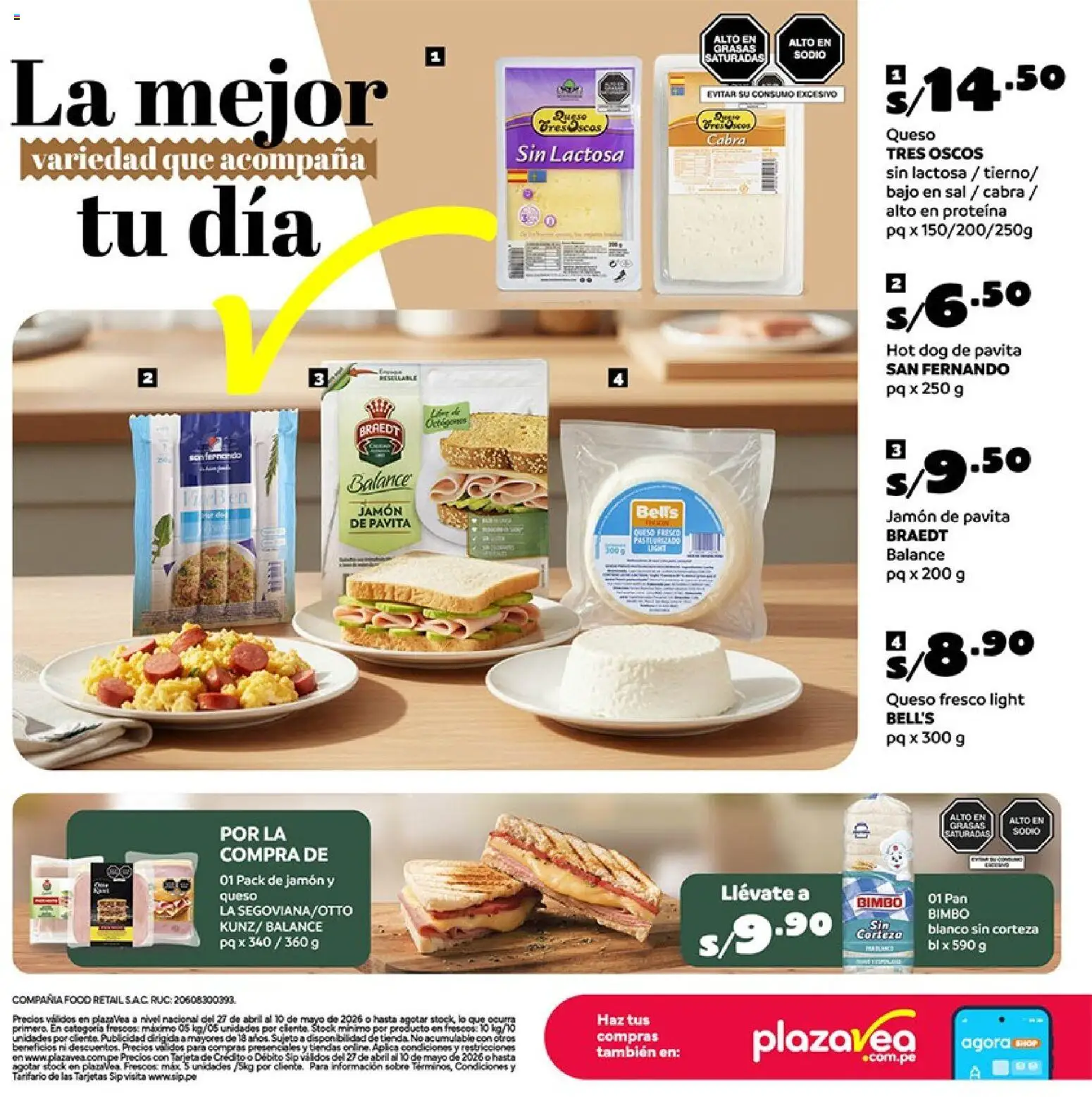 Catálogo Plaza Vea válido desde 27.04.2026 | Página: 4 | Productos: Queso, Pan, Jamón
