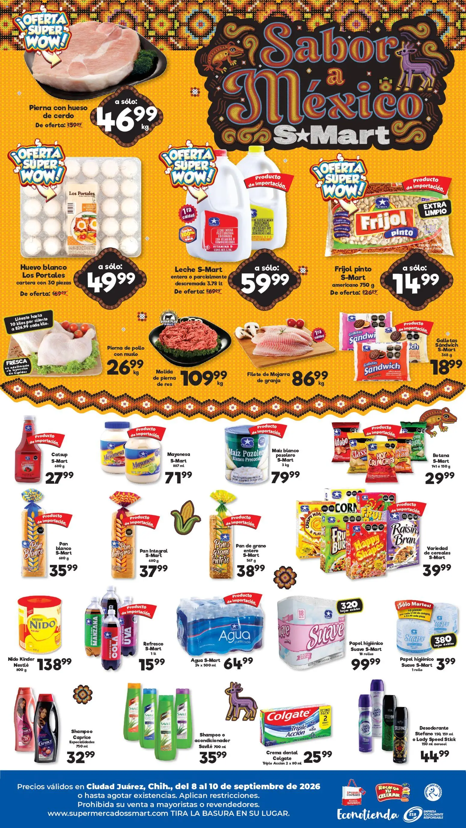 Nuevas ofertas de S-Mart válidas en toda la República Mexicana desde el 08/09/2026. ¡Encuentra las mejores ofertas en S-Mart folleto Juárez! | Página: 2 | Productos: Maíz, Especialidades, Huevo, Leche