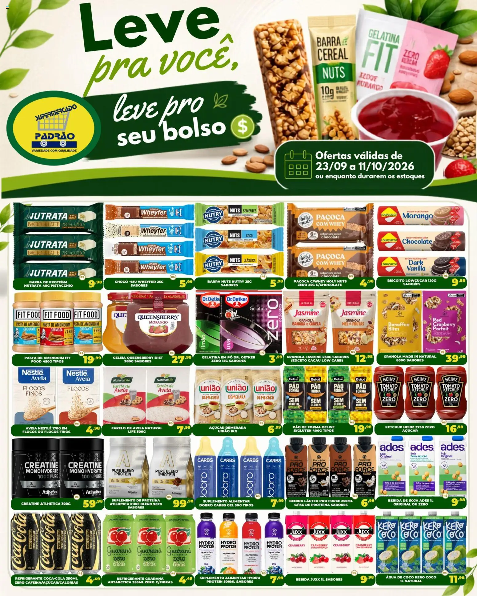 Supermercado Padrão Folheto - válido de 23/09/2026 | Página: 1 | Produtos: Água de coco, Cola, Açúcar, Proteína