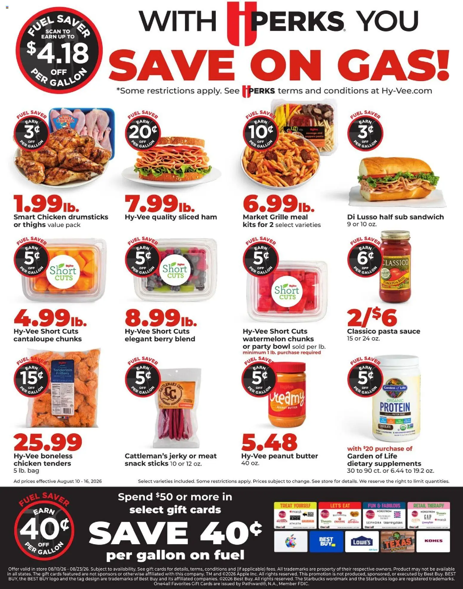 HyVee Weekly Ad - valid from 08/10/2026 | Page: 10 | Products: Meat, Chicken drumsticks, Watermelon, Bag