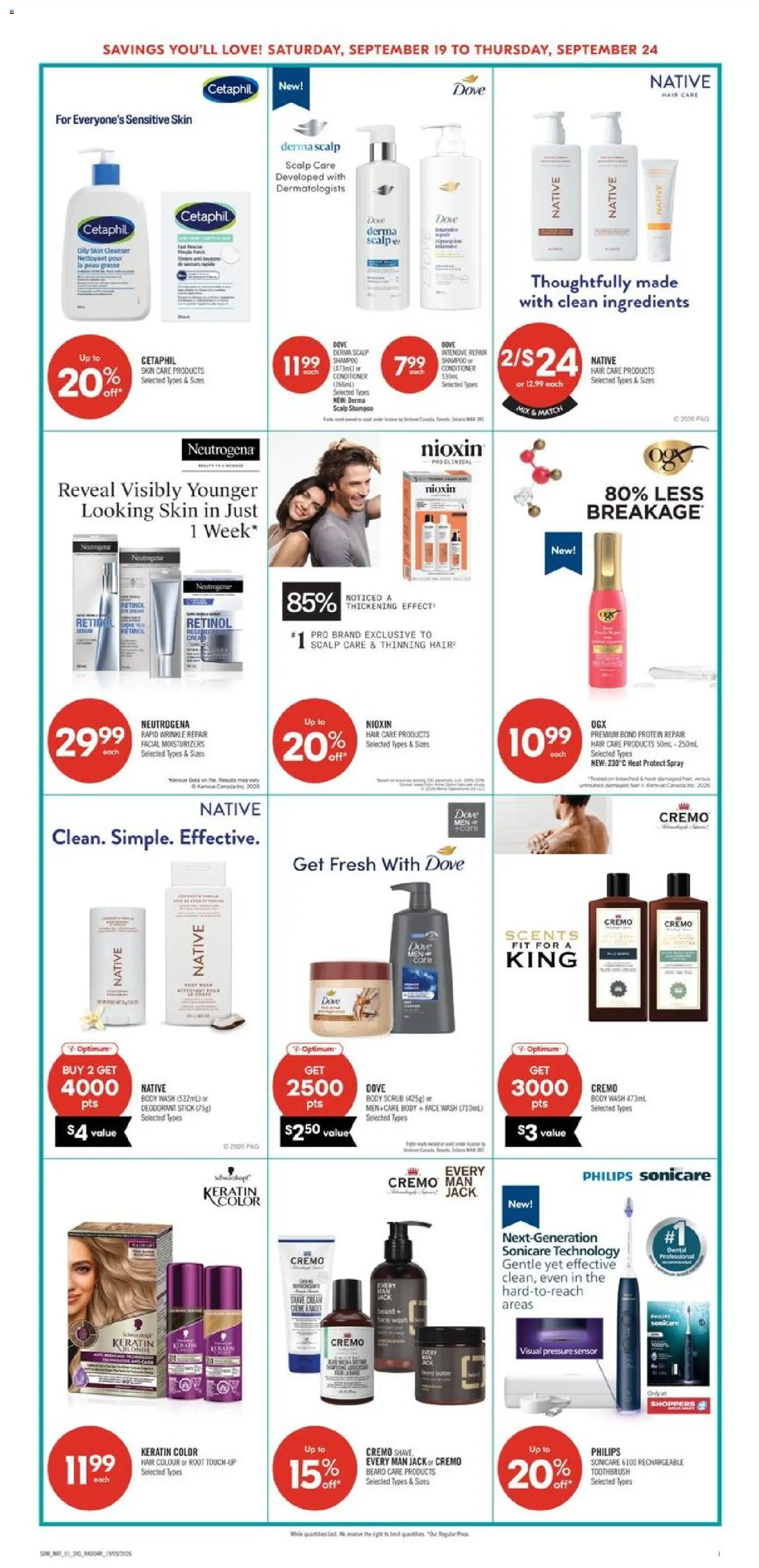 Shoppers flyer valid from Sep 19, 2026 | Page: 14 | Products: Toothbrush, Shampoo, Protein, Ingredients
