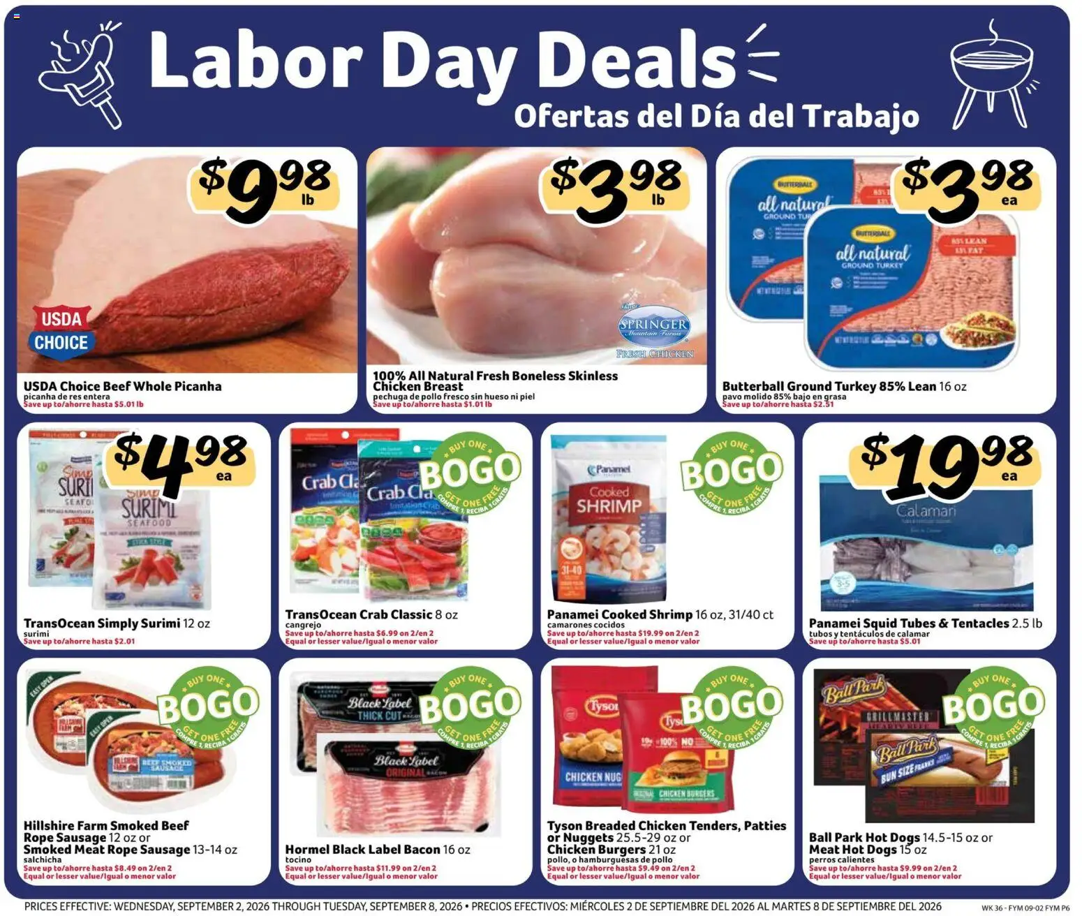Fresco y Más Weekly Ad - valid from 09/02/2026 | Page: 6 | Products: Turkey, Beef, Bacon, Hot Dogs