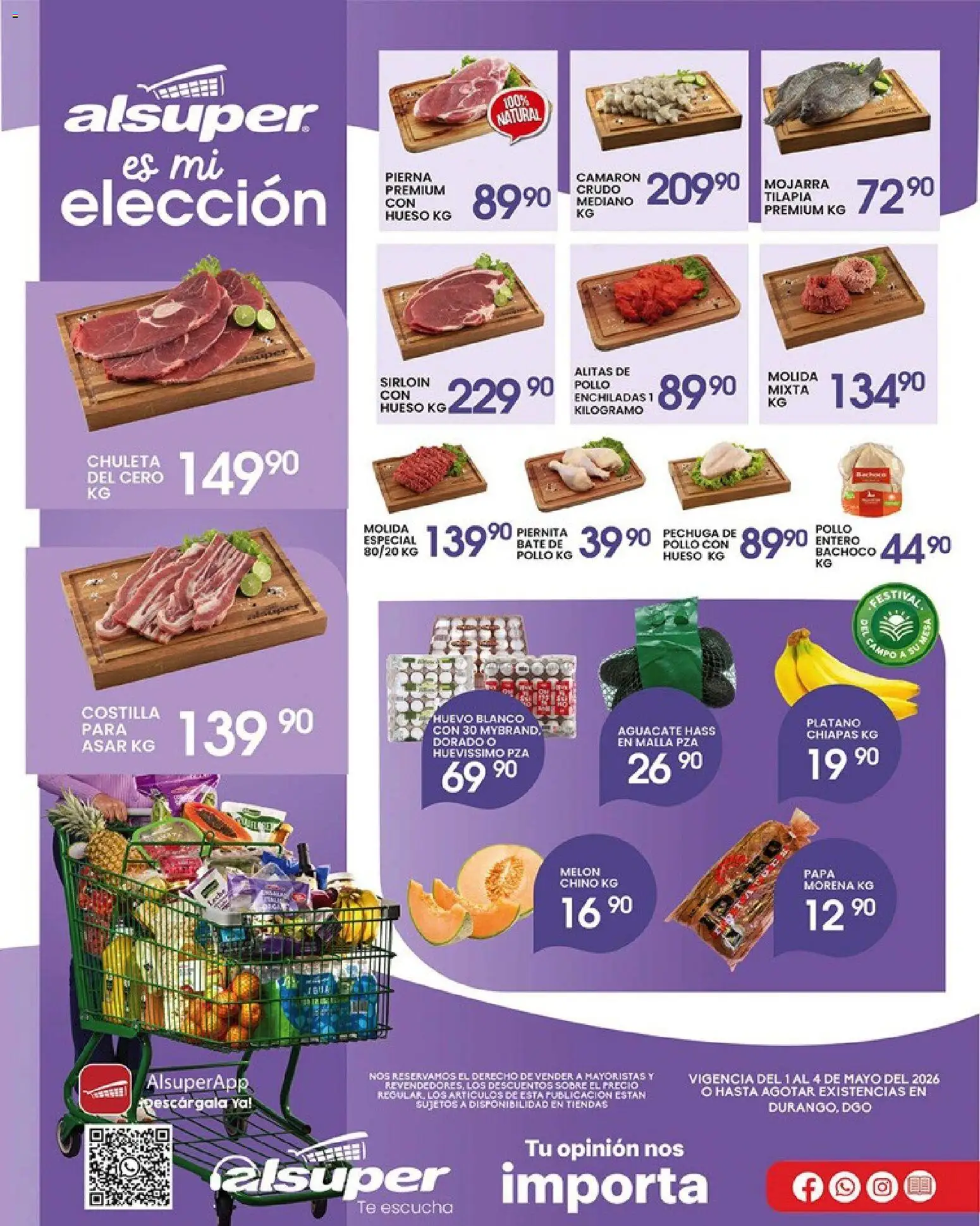 Nuevas ofertas de Alsuper válidas en toda la República Mexicana desde el 01.05.2026. ¡Encuentra las mejores ofertas en Alsuper folleto Durango! | Página: 1 | Productos: Papa, Melón, Té, Sobre