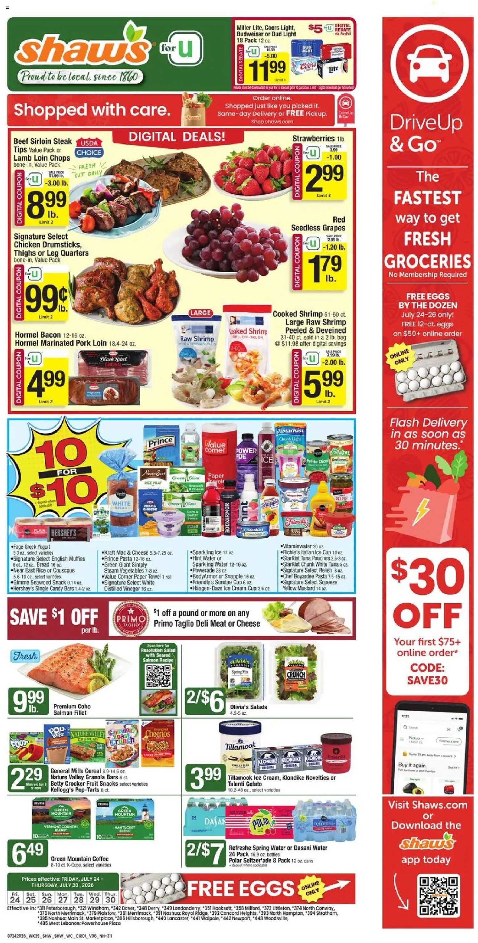 Shaw's Weekly Ad - NH - valid from 07/24/2026 | Page: 1 | Products: Vinegar, Pork, Ice cream, Bag