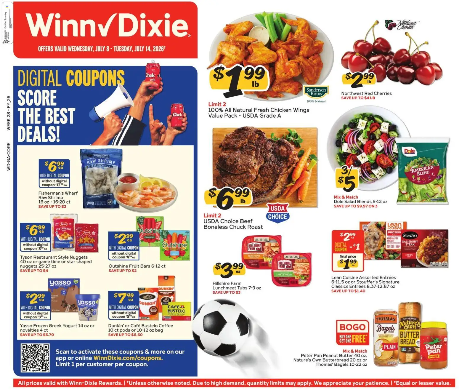 Winn Dixie Weekly Ad - valid from 07/08/2026 | Page: 1 | Products: Pan, Coffee, Salad, Game