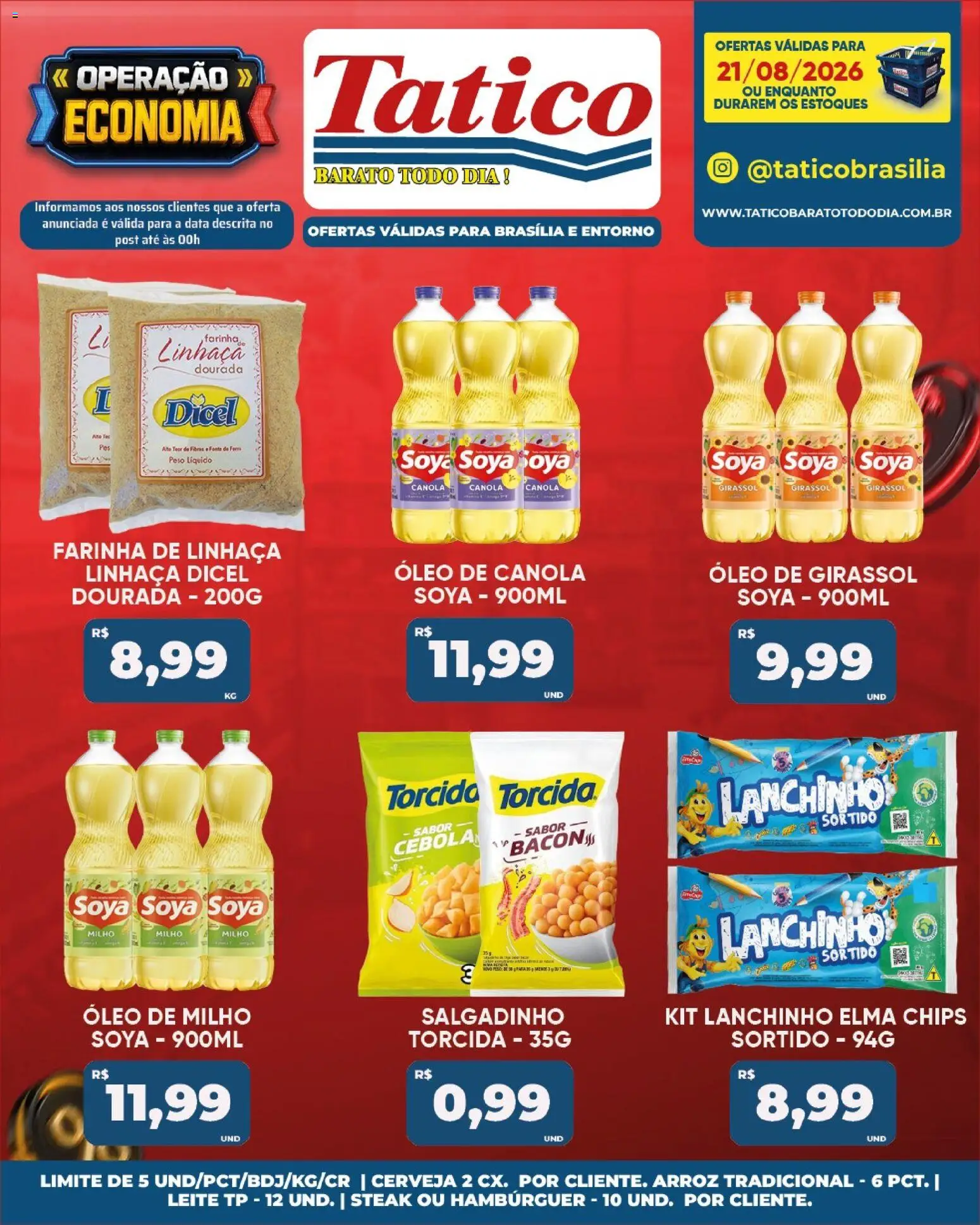 Tatico Folheto - válido de 21/08/2026 | Página: 20 | Produtos: Cebola, Óleo de canola, Arroz, Hambúrguer