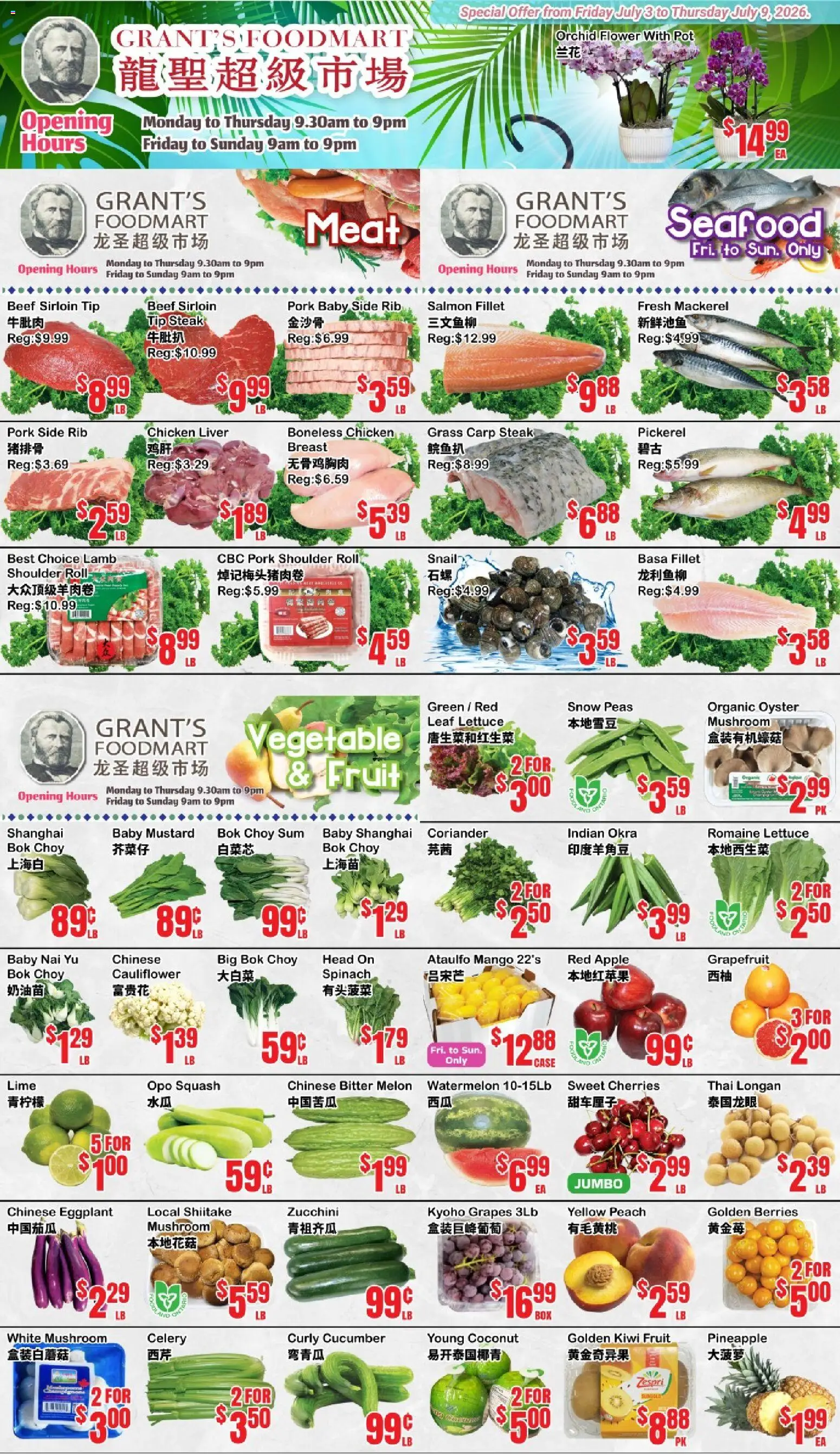 Oceans flyer valid from Jul 3, 2026 | Page: 1 | Products: Pineapple, Kiwi, Chicken, Pork