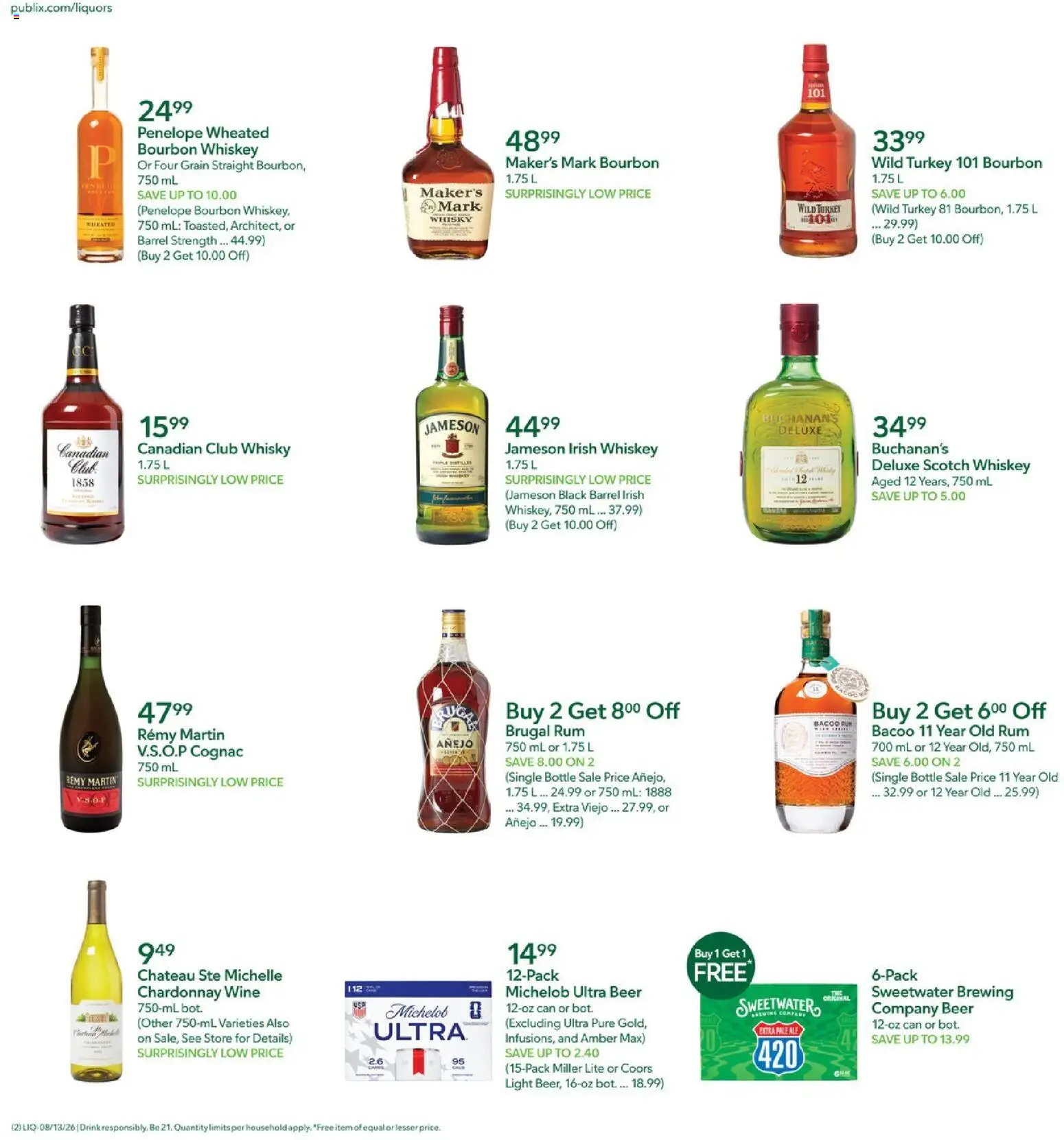 Publix Liquor Ad - valid from 08/13/2026 | Page: 2 | Products: Jameson, Turkey, Bourbon, Cognac