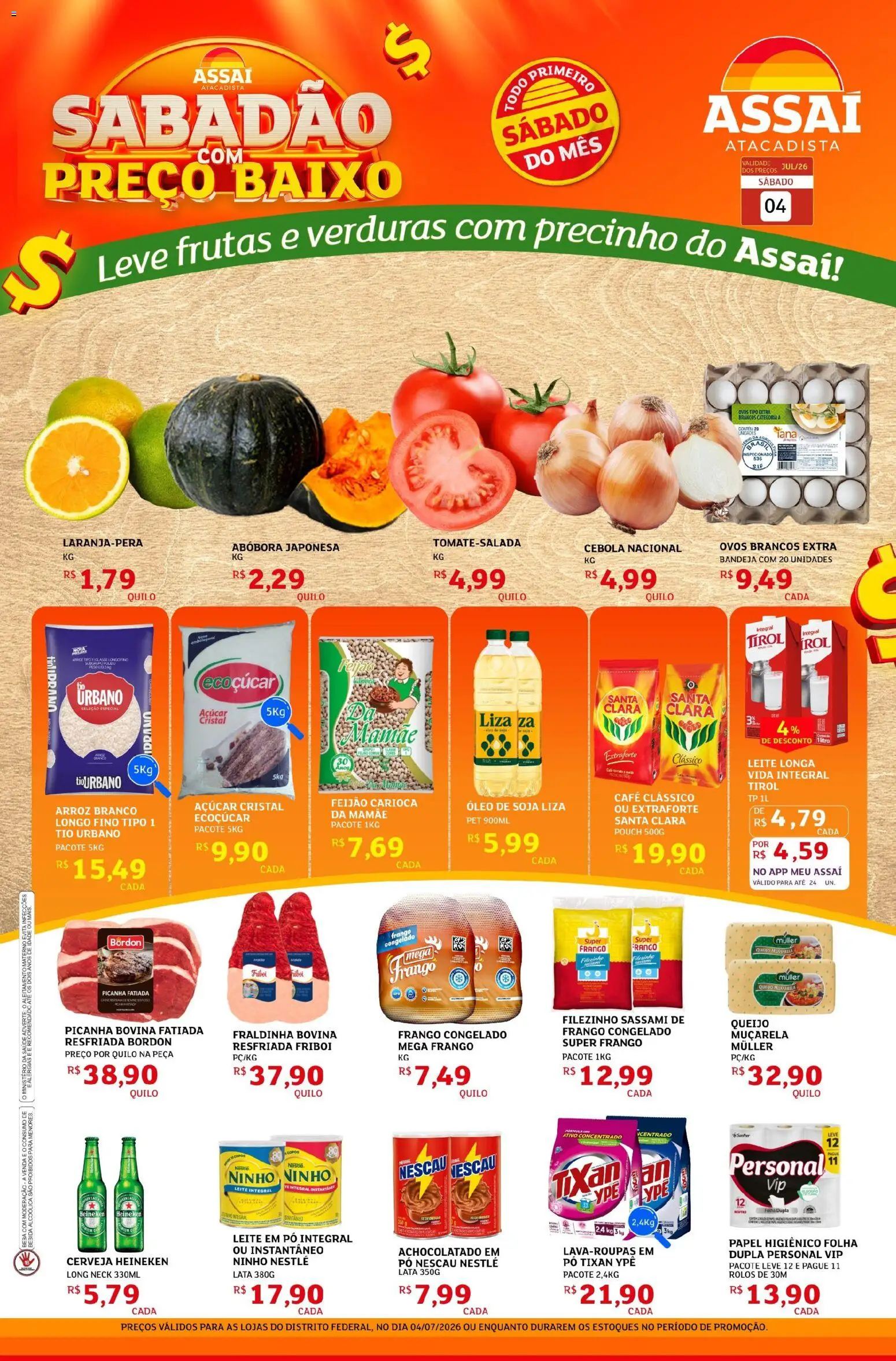 Assaí Atacadista Folheto - válido de 04/07/2026 | Página: 1 | Produtos: Picanha, Óleo, Heineken, Leite em pó