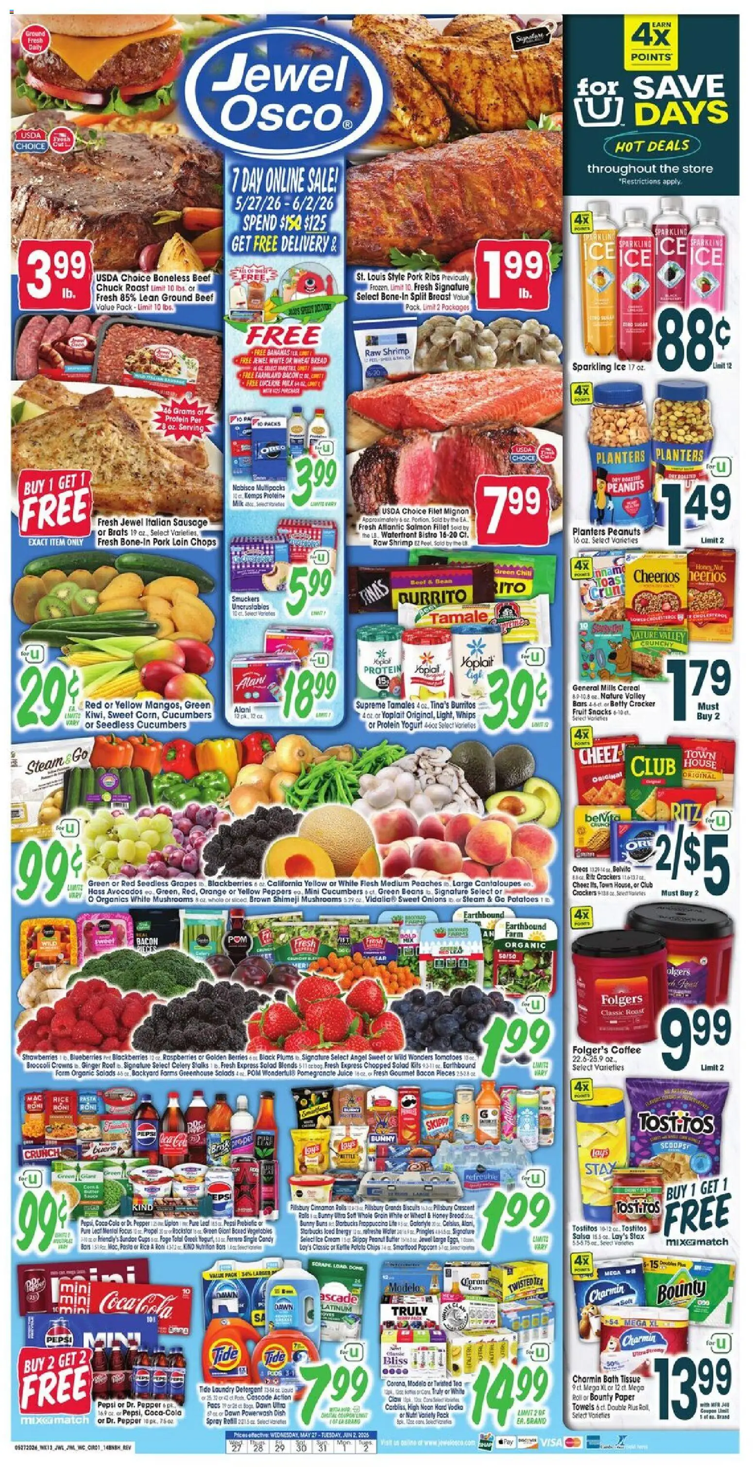 Jewel Osco Weekly Ad - valid from 27.05.2026 | Page: 1 | Products: Mushrooms, Butter, Rice, Vodka