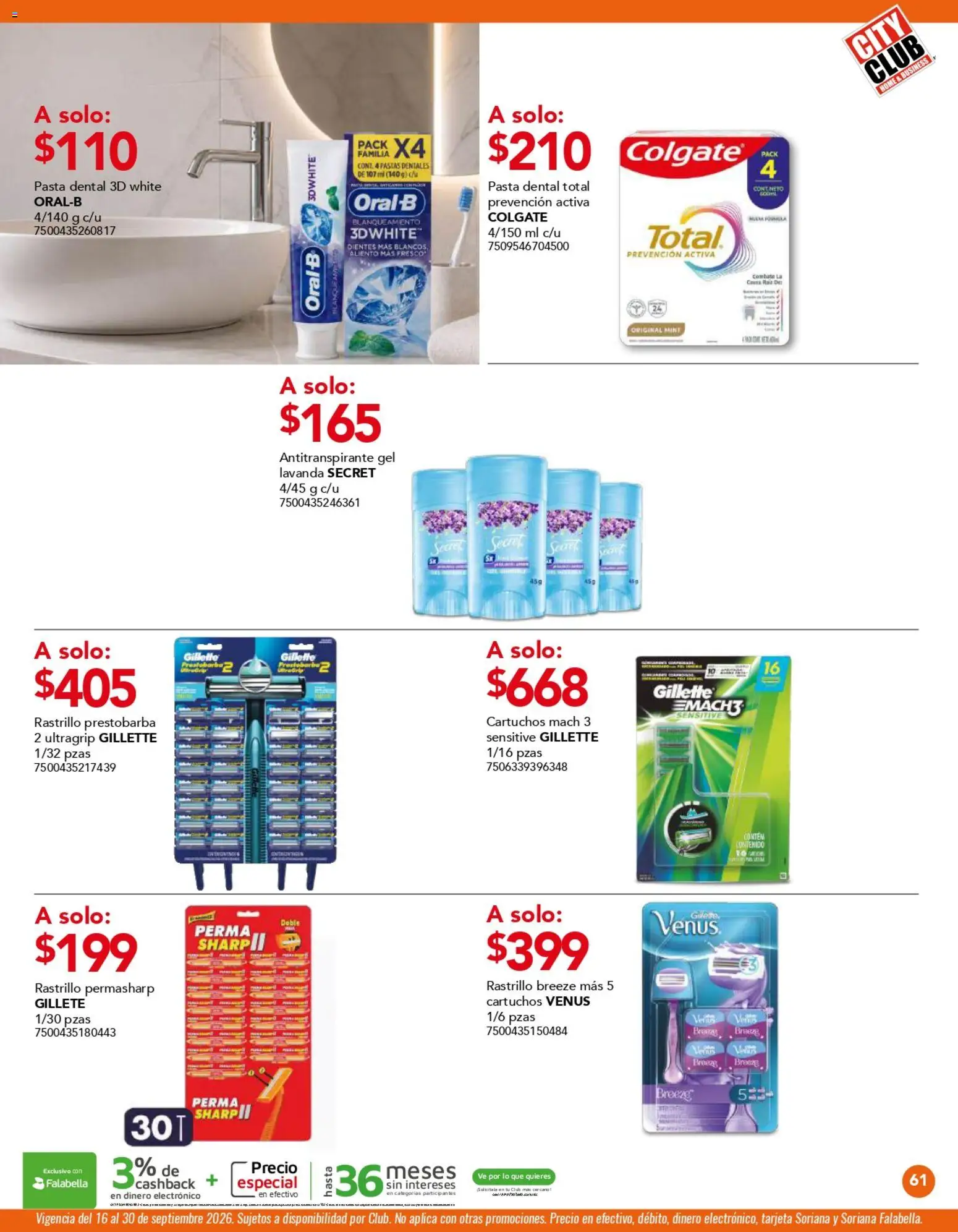 Nuevas ofertas de City Club válidas en toda la República Mexicana desde el 01/09/2026. ¡Encuentra las mejores ofertas en City Club catálogo! | Página: 61 | Productos: Antitranspirante, Pasta dental, Rastrillo, Pasta