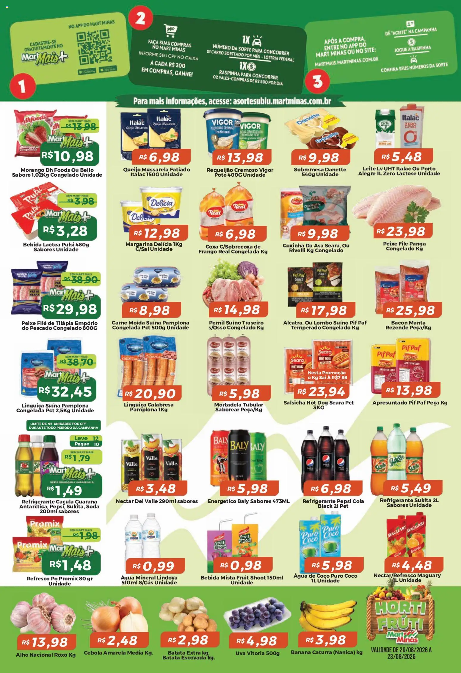 Mart Minas Folheto - válido de 20/08/2026 | Página: 2 | Produtos: Uva, Salsicha, Queijo, Faca