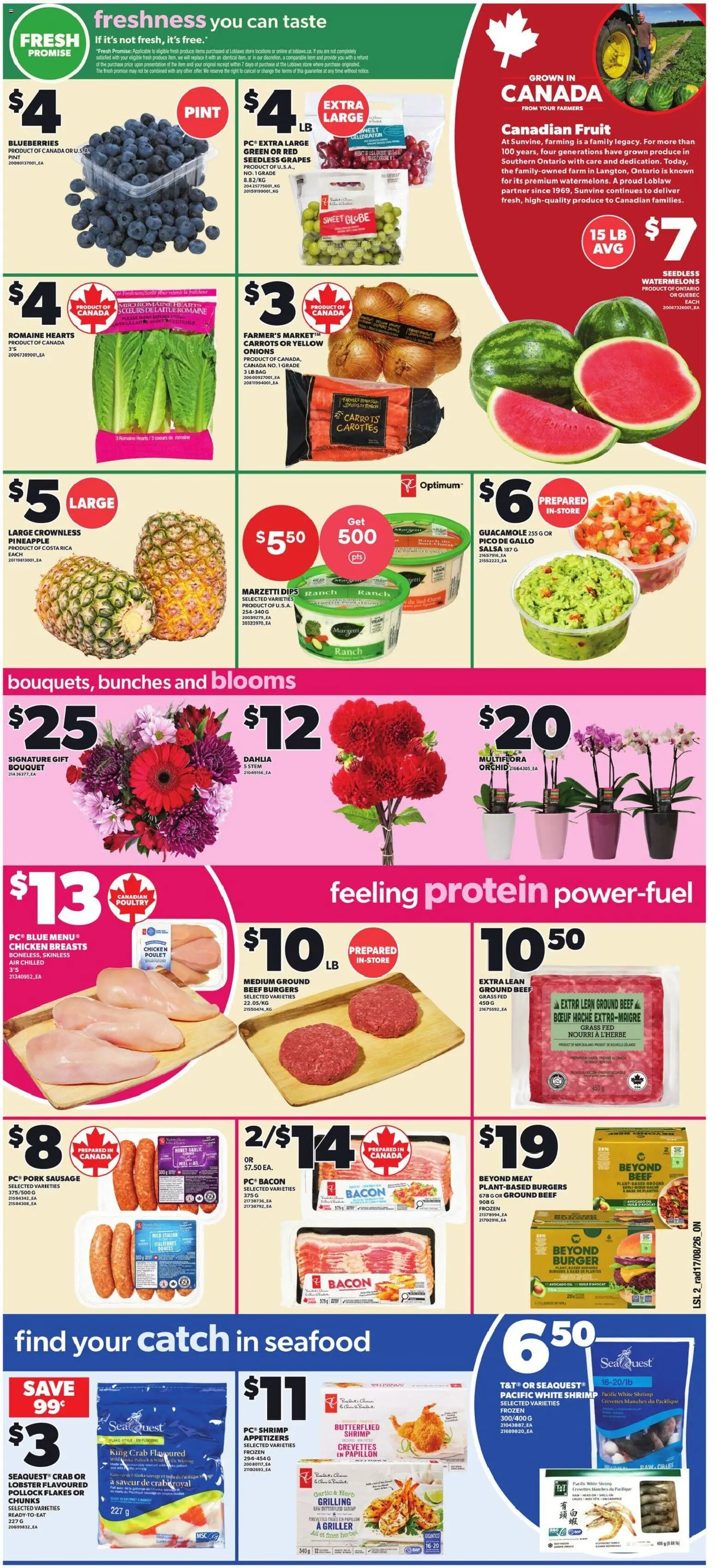 Loblaws flyer valid from Aug 20, 2026 | Page: 3 | Products: Seafood, Carrots, Burgers, Appetizers