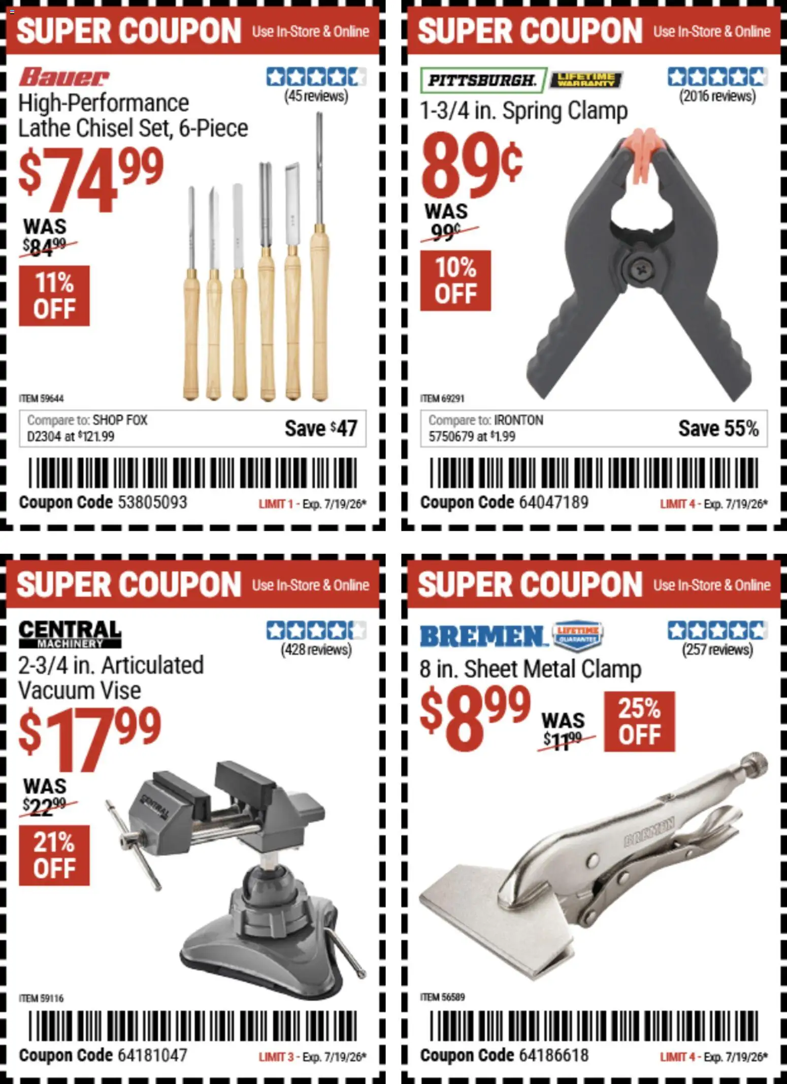 Harbor Freight Weekly Ad - valid from 07/06/2026 | Page: 1 | Products: Clamp, Lathe, Vacuum, Chisel