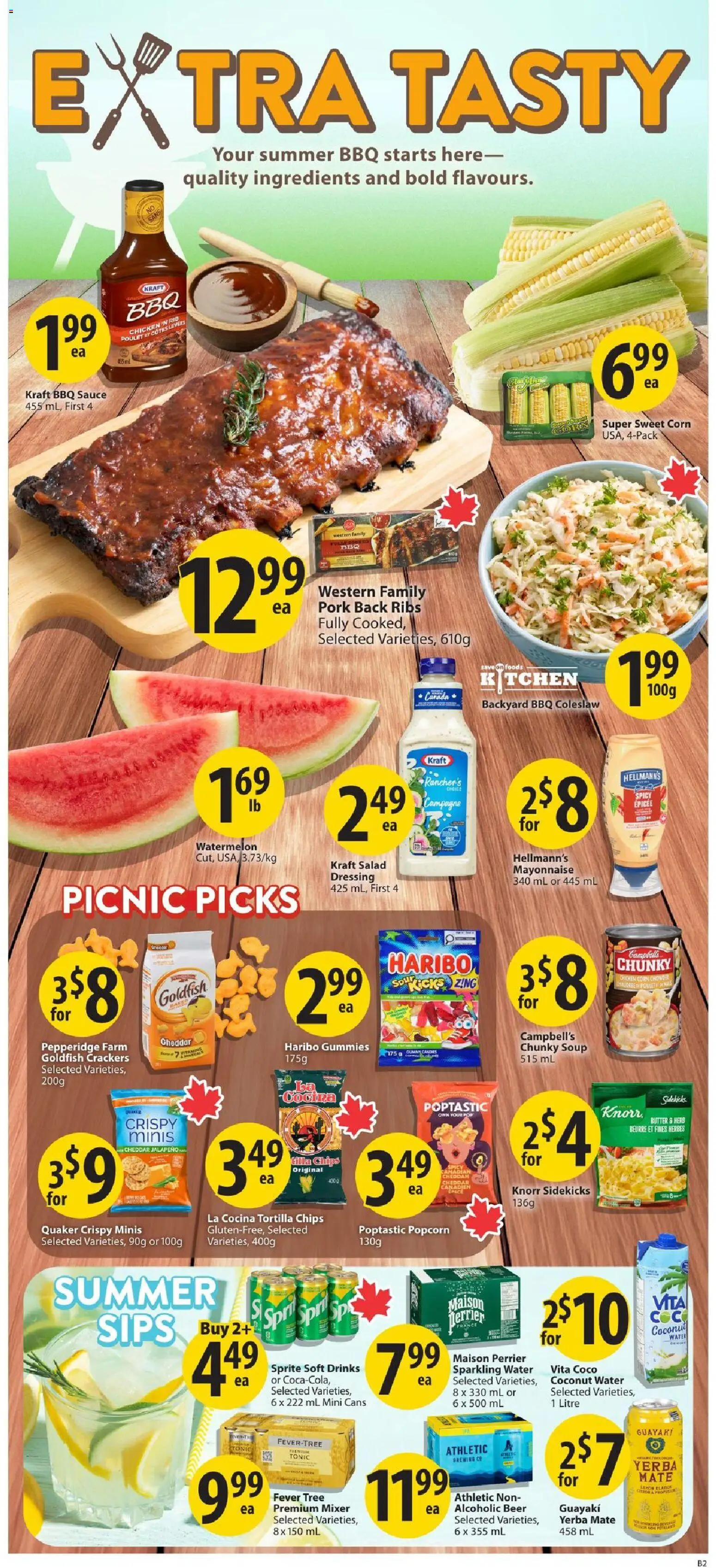 Save on foods flyer valid from Jul 23, 2026 | Page: 4 | Products: Salad, Drinks, Corn, Beer