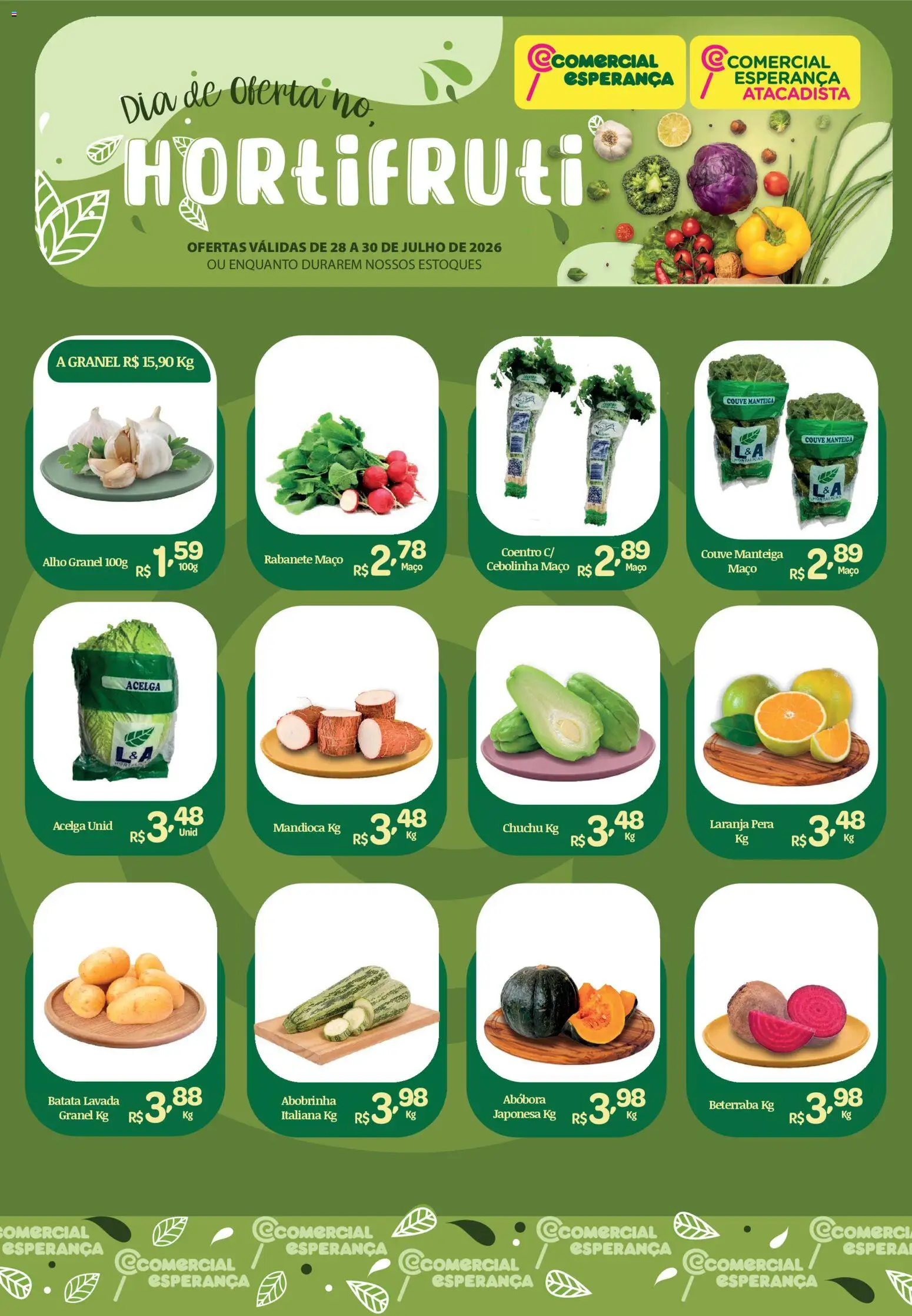 Comercial Esperança Folheto - válido de 28/07/2026 | Página: 1 | Produtos: Pera, Abobrinha, Alho, Mandioca