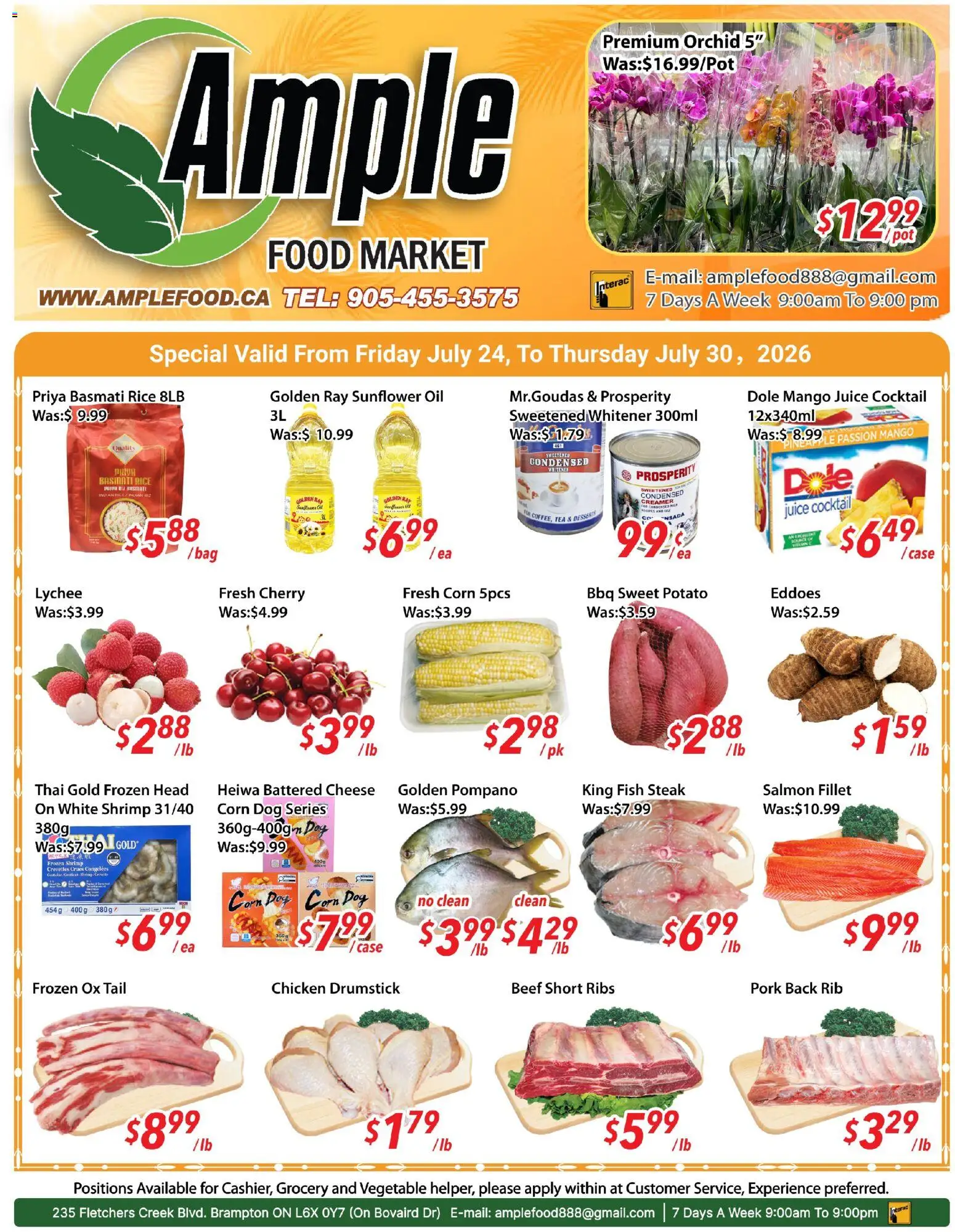 Ample Food Market flyer valid from Jul 24, 2026 | Page: 1 | Products: Fish, Cheese, Oil, Chicken