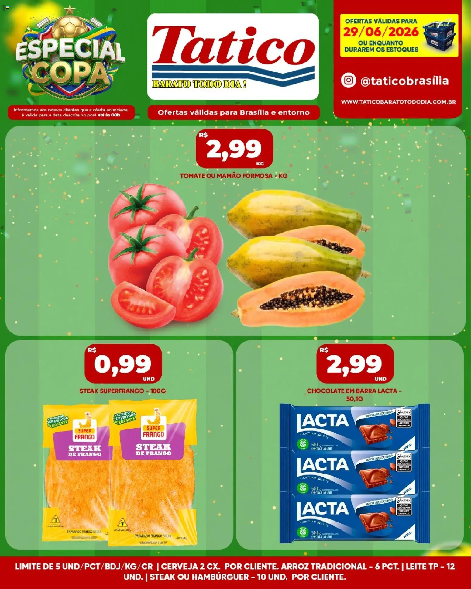 Tatico Folheto - válido de 29/06/2026 | Página: 1 | Produtos: Cerveja, Arroz, Hambúrguer, Mamão