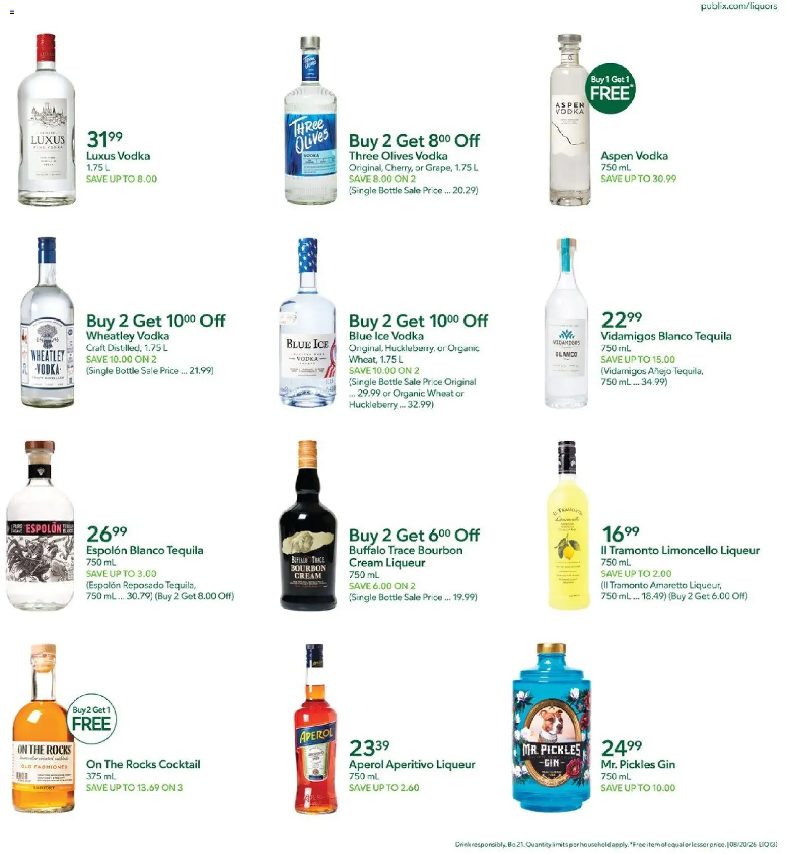 Publix Liquor Ad - valid from 08/20/2026 | Page: 3 | Products: Cream liqueur, Tequila, Gin, Pickles
