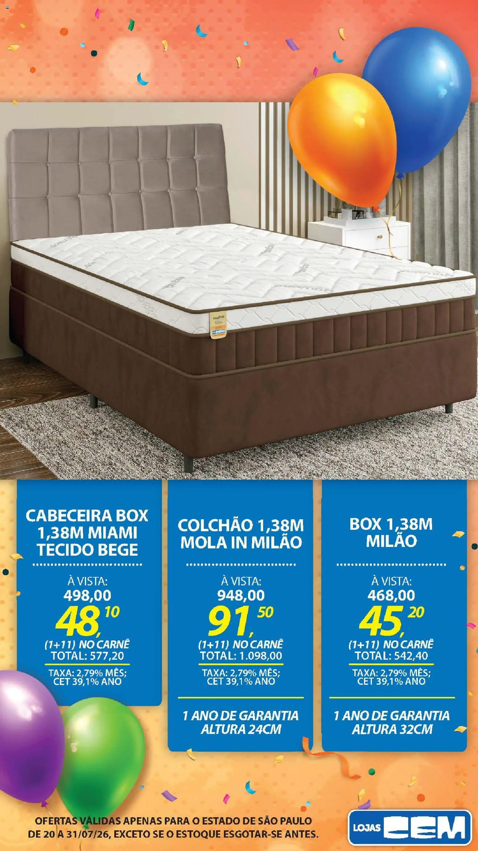 Lojas Cem Folheto - válido de 20/07/2026 | Página: 102 | Produtos: Colchão, Tecido, Carne