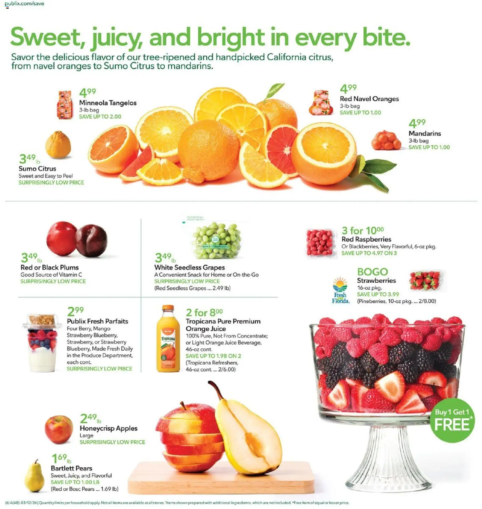 Publix Weekly Ad - valid from 11.03.2026 | Page: 6 | Products: Mandarins, Strawberries, Grapes, Bag