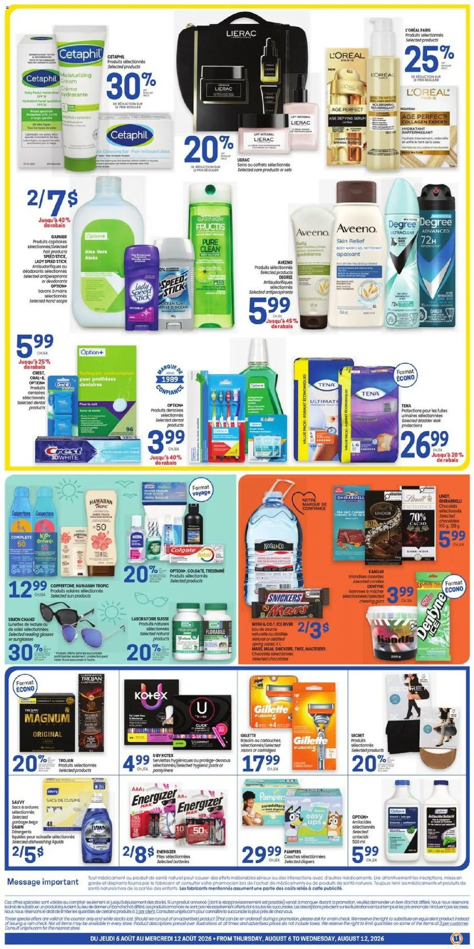 Uniprix flyer valid from Aug 6, 2026 | Page: 2 | Products: Cream, Snickers, Diapers, Batteries