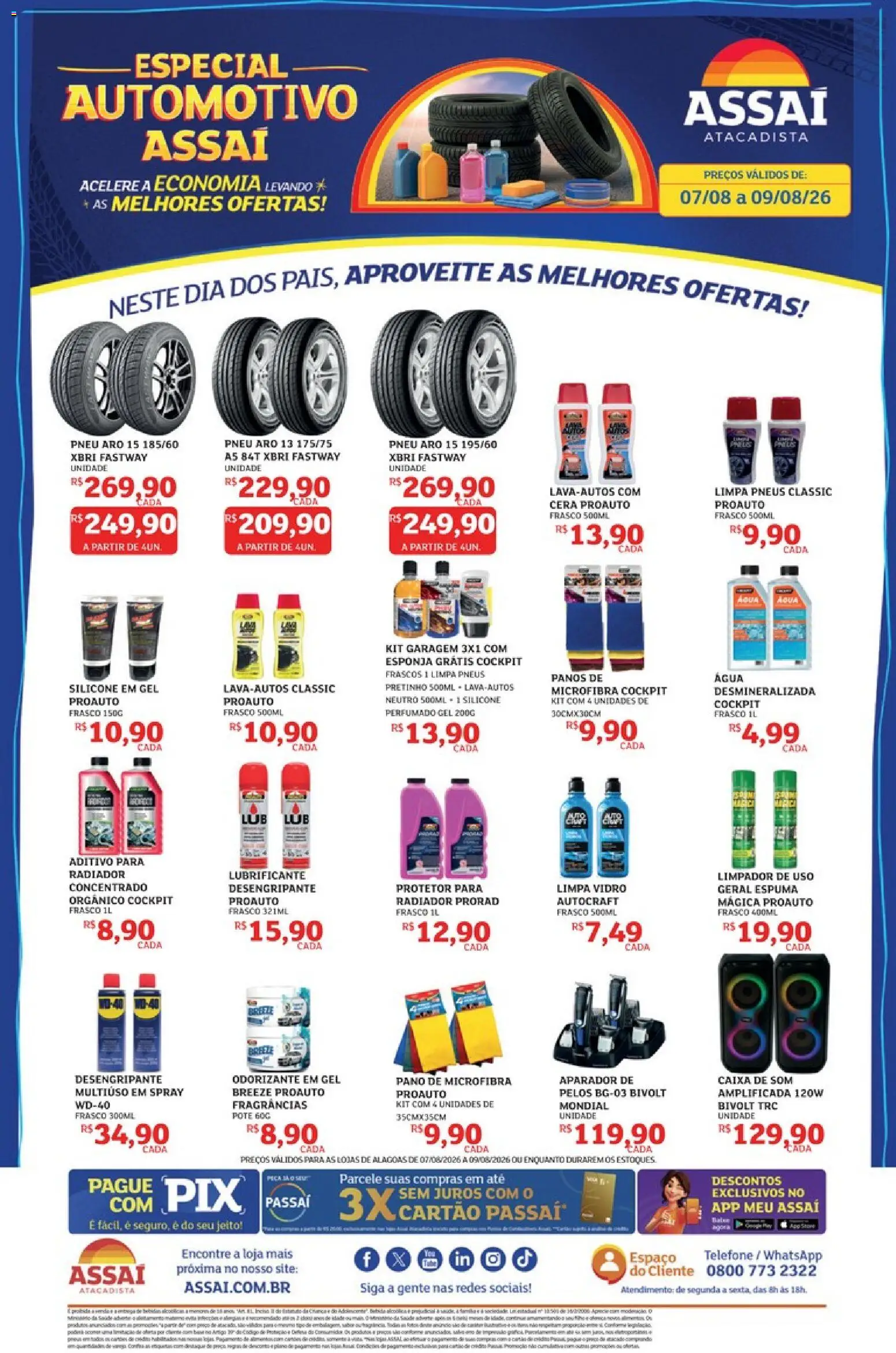 Assaí Atacadista Folheto - válido de 07/08/2026 | Página: 1 | Produtos: Pneu, Esponja, Cera, Telefone