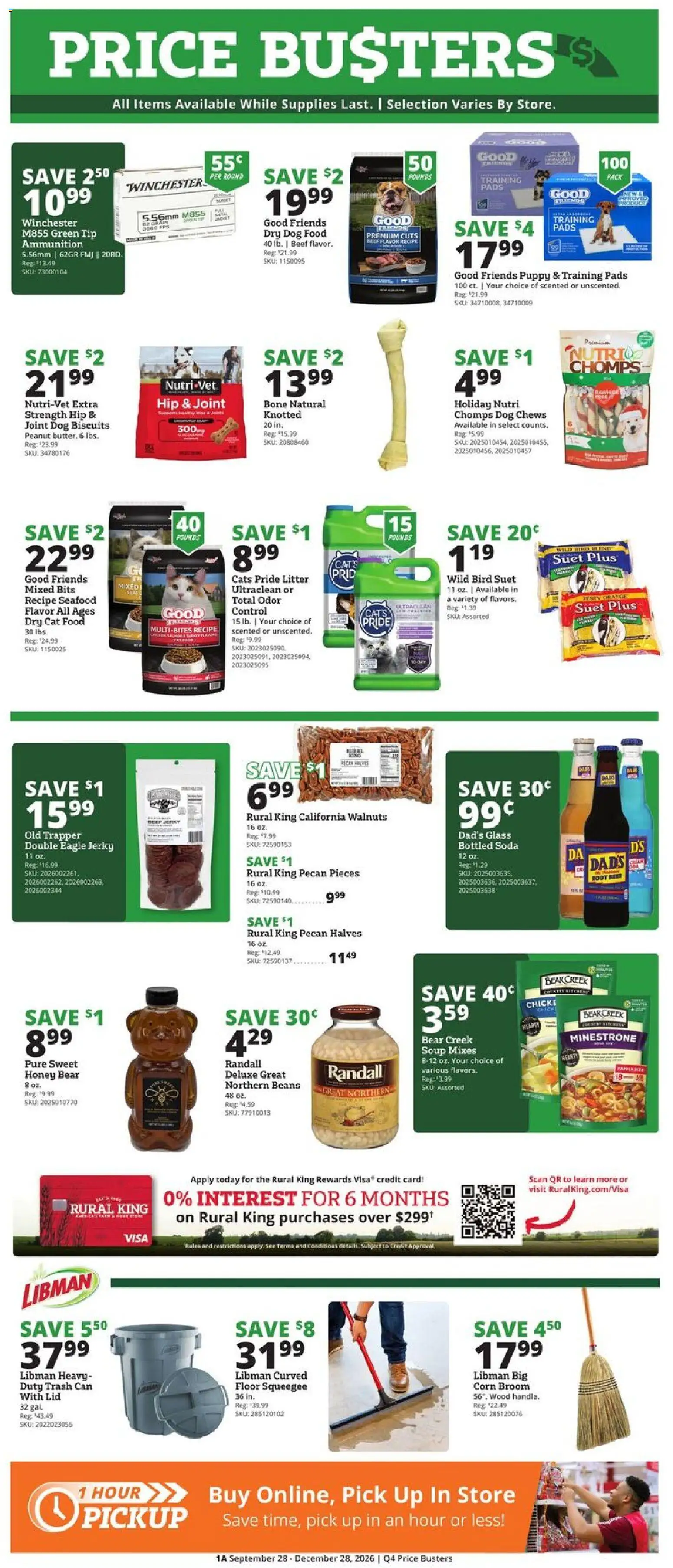 Rural King Ad - valid from 09/28/2026 | Page: 1 | Products: Dog Food, Jerky, Trash can, Walnuts
