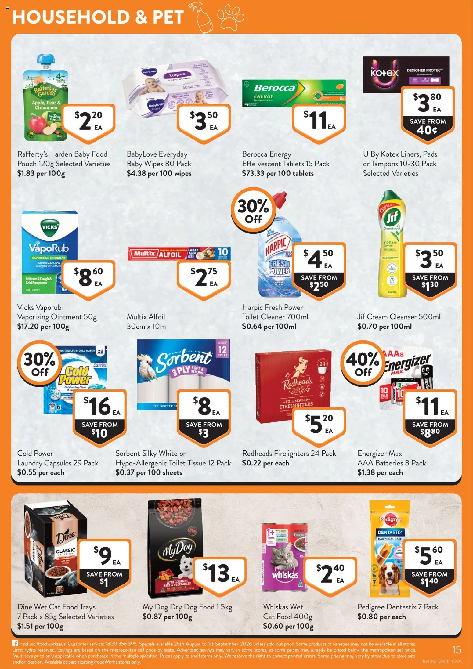 Foodworks catalogue - valid from 26/08/2026 | Page: 15 | Products: Toilet, Baby food, Vegetables, Batteries