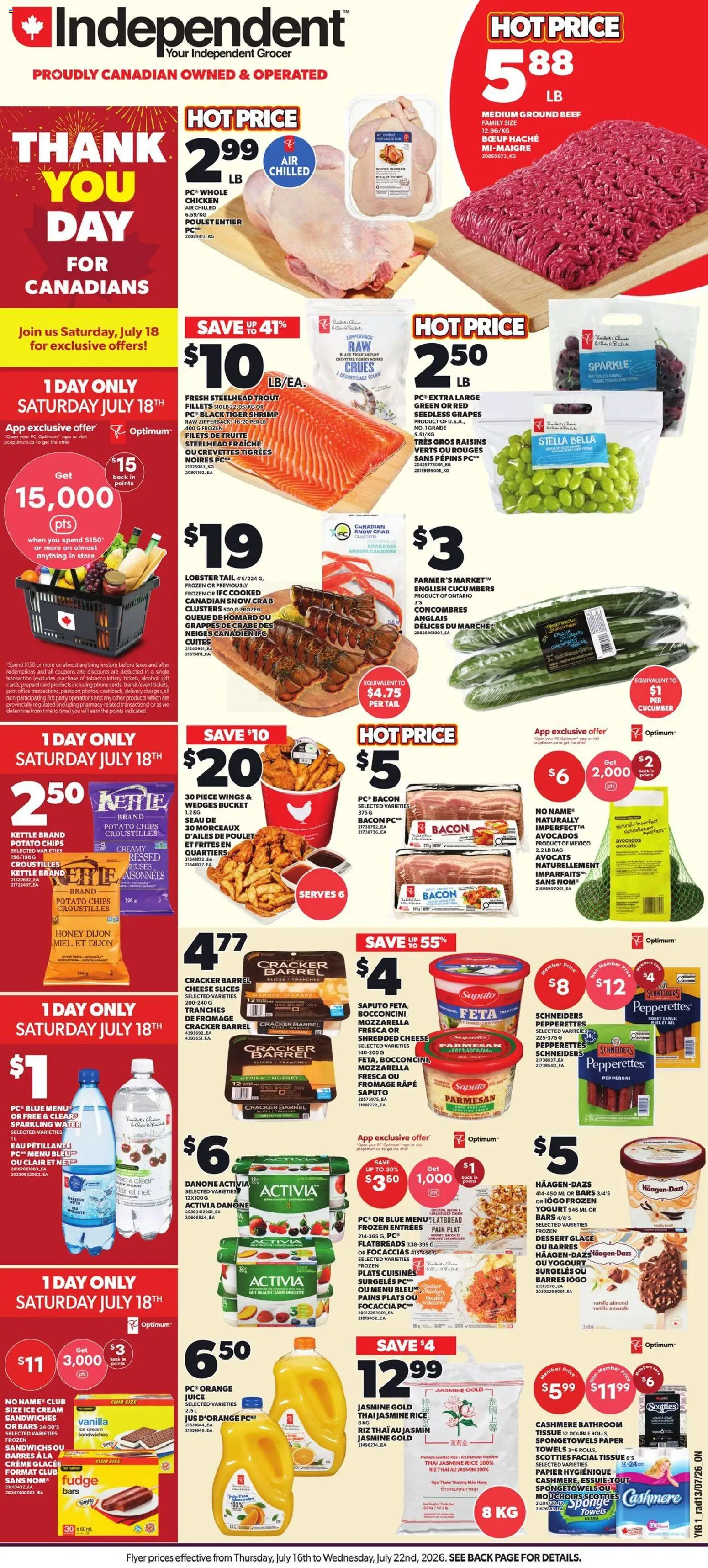 Independent Grocer flyer valid from Jul 16, 2026 | Page: 1 | Products: Jasmine rice, Shrimp, Butter, Yogurt