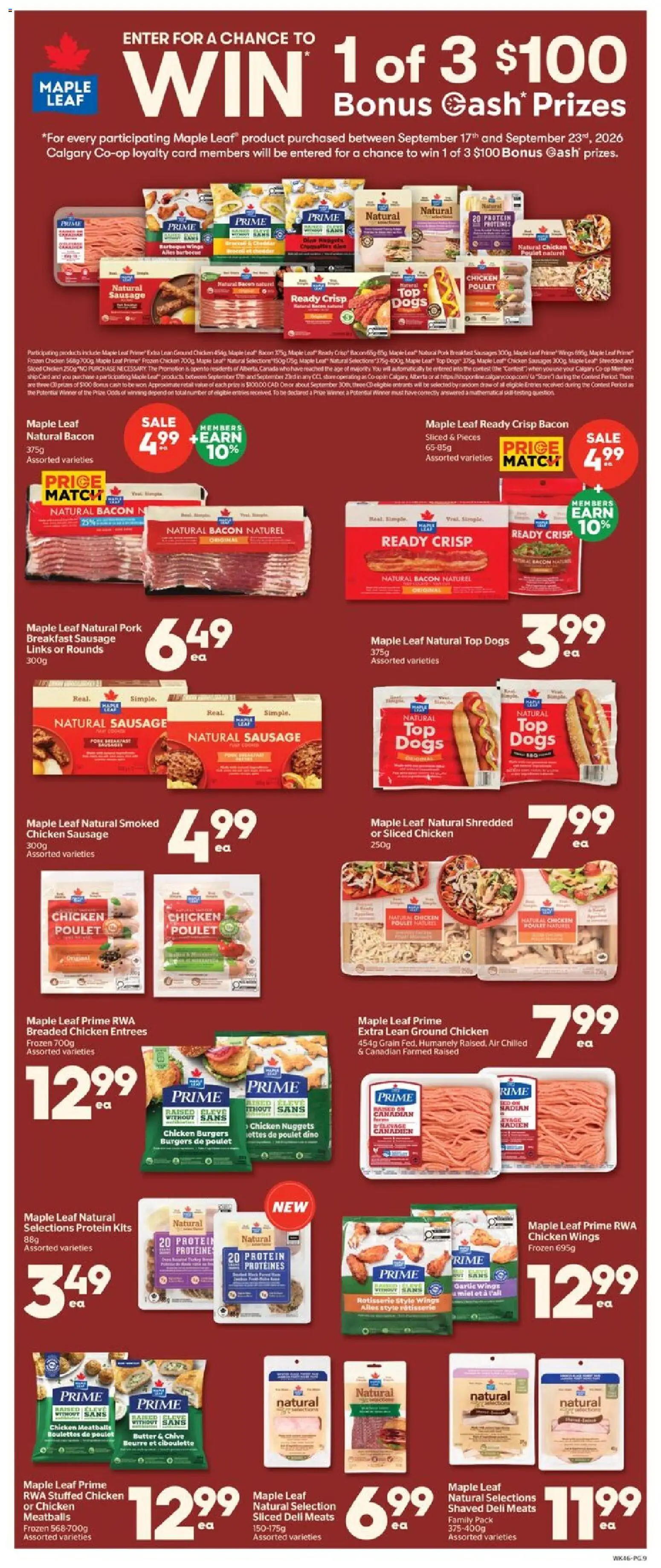 Calgary Co-op flyer valid from Sep 17, 2026 | Page: 9 | Products: Bacon, Frozen chicken, Burgers, Butter