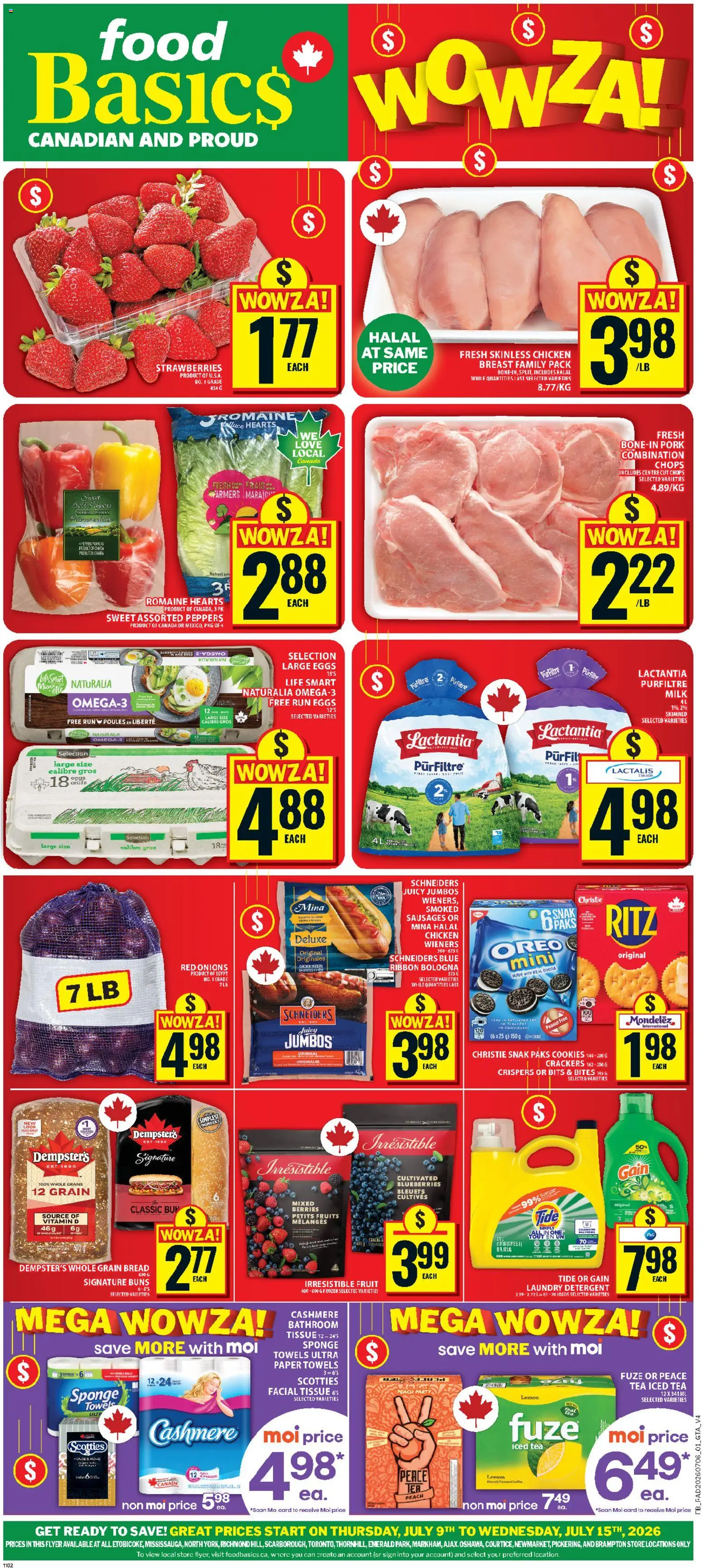 Food Basics flyer valid from Jul 9, 2026 | Page: 1 | Products: Tea, Strawberries, Cookies, Sponge
