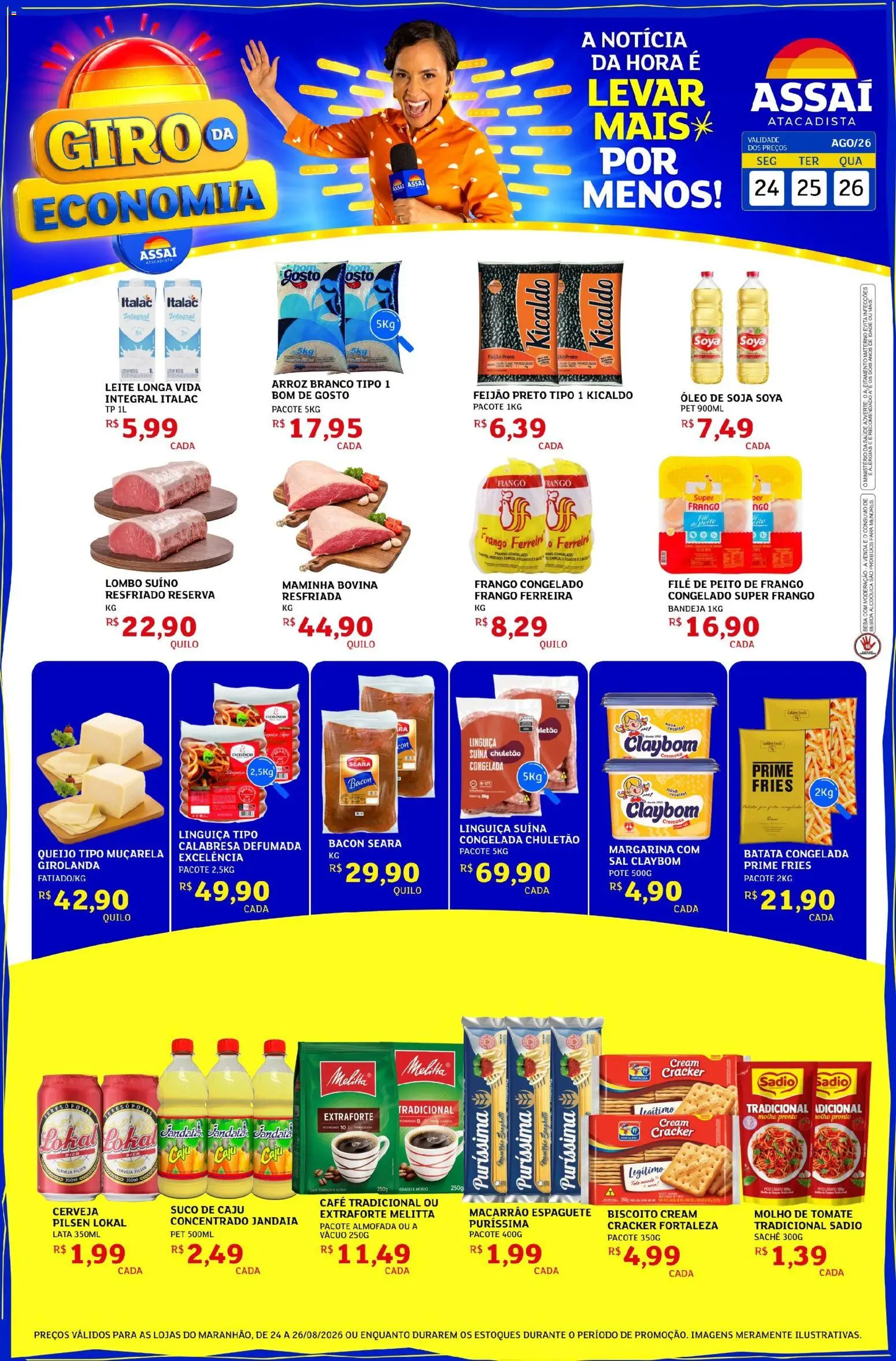 Assaí Atacadista Folheto - válido de 24/08/2026 | Página: 1 | Produtos: Leite longa vida, Tomate, Macarrão, Margarina