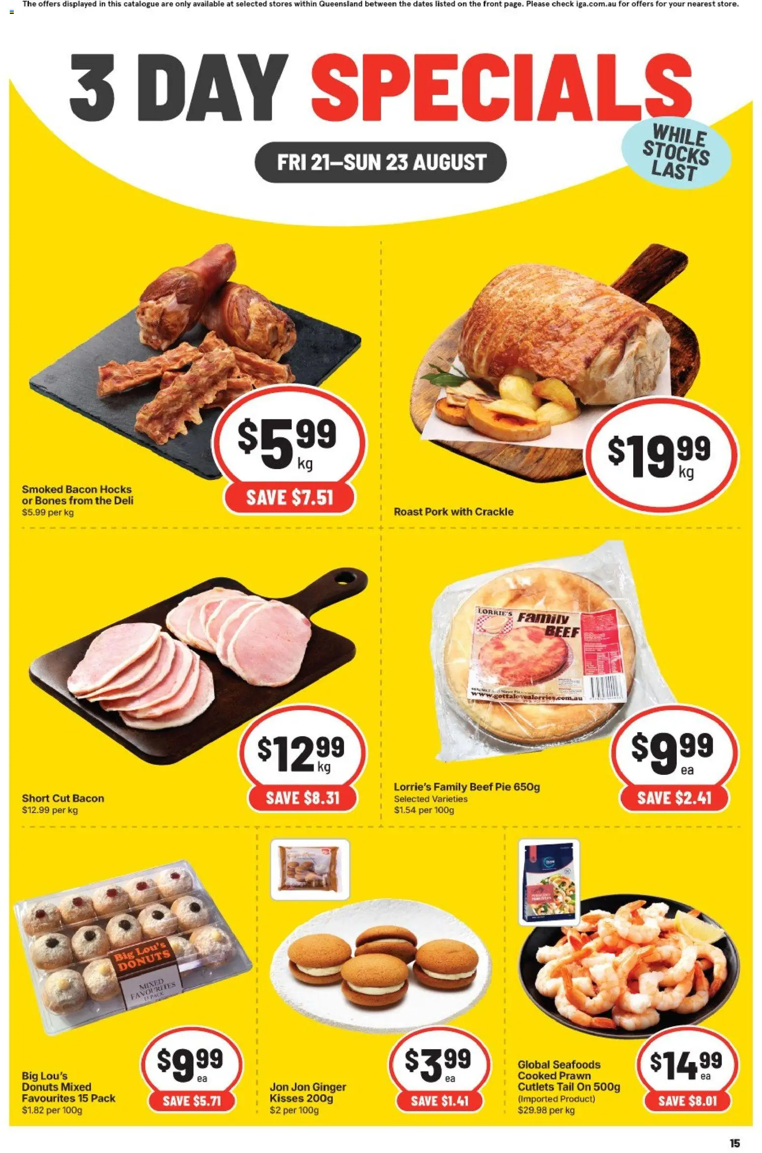 IGA catalogue - valid from 21/08/2026 | Page: 2 | Products: Bacon, Donuts, Pork, Roast