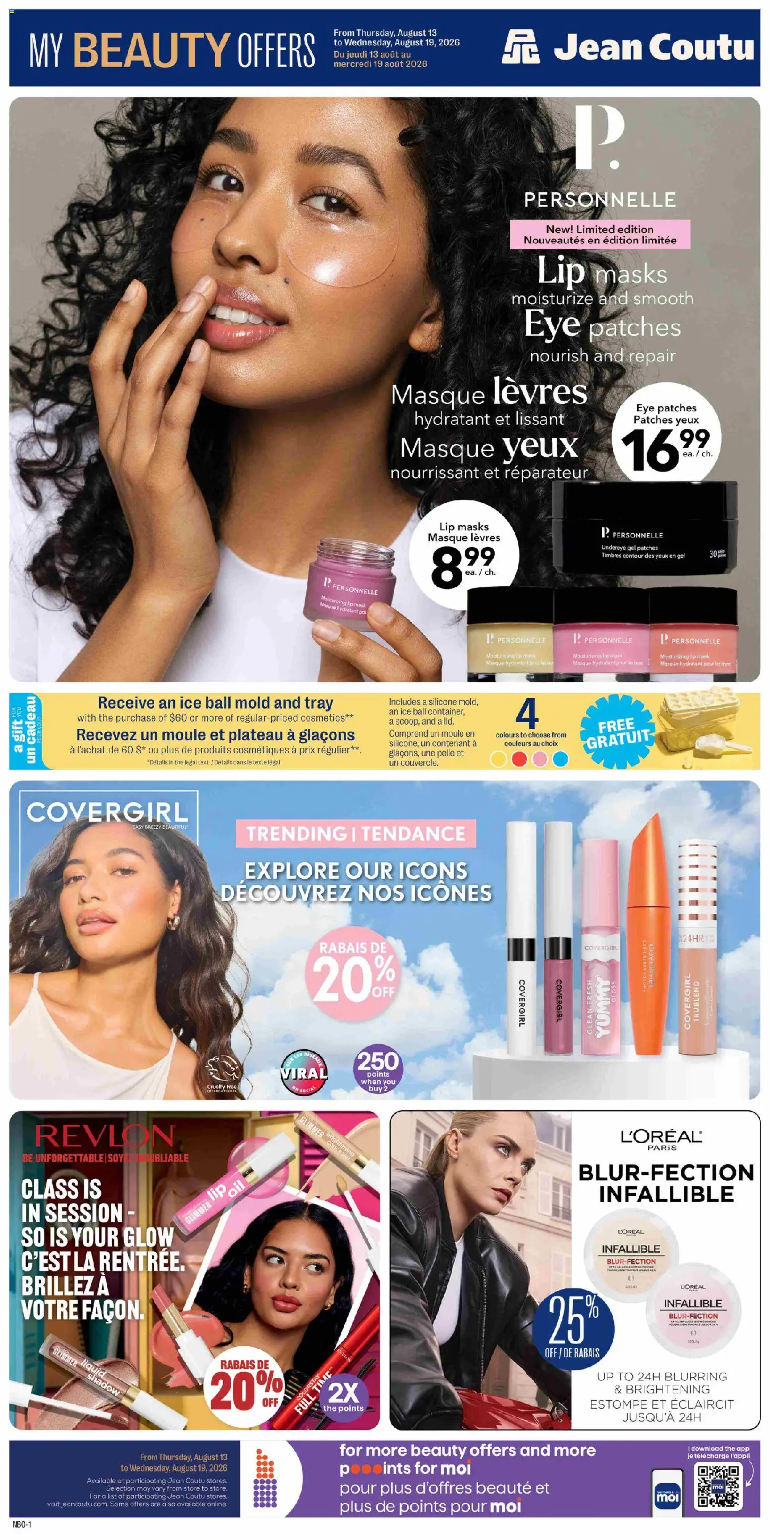 Jean Coutu flyer valid from Aug 13, 2026 | Page: 1 | Products: Concealer, Masks, Mask, Ice