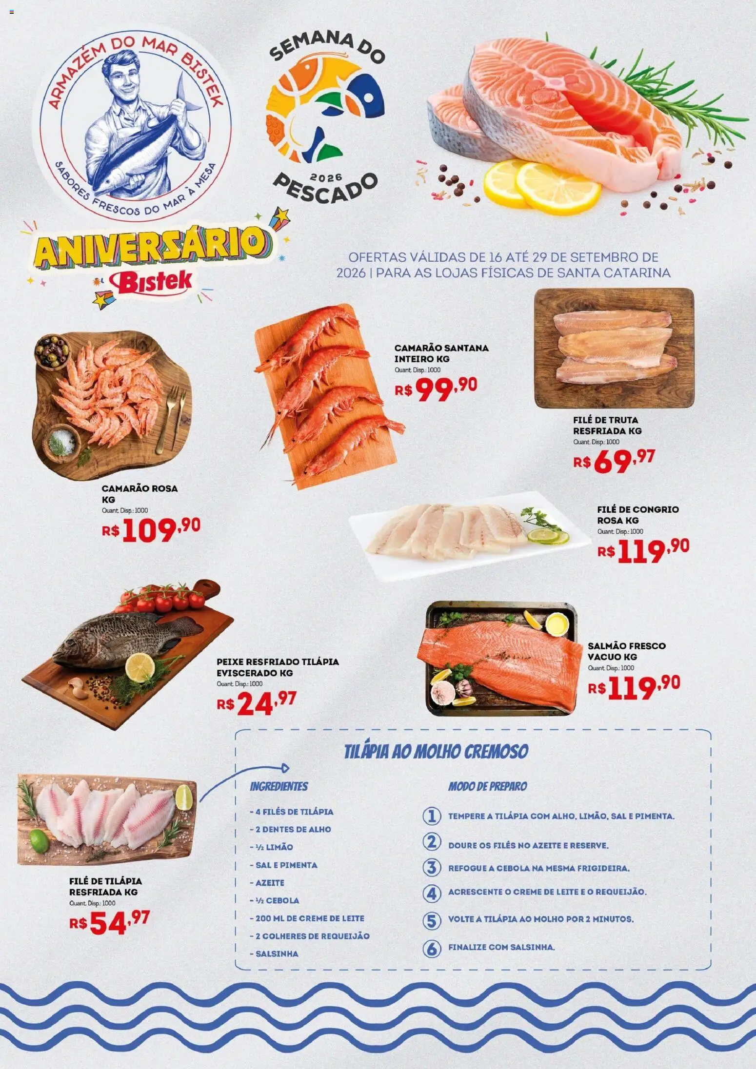 Bistek Supermercados Folheto - válido de 16/09/2026 | Página: 1 | Produtos: Salmão, Tilápia, Sal, Filé de tilápia