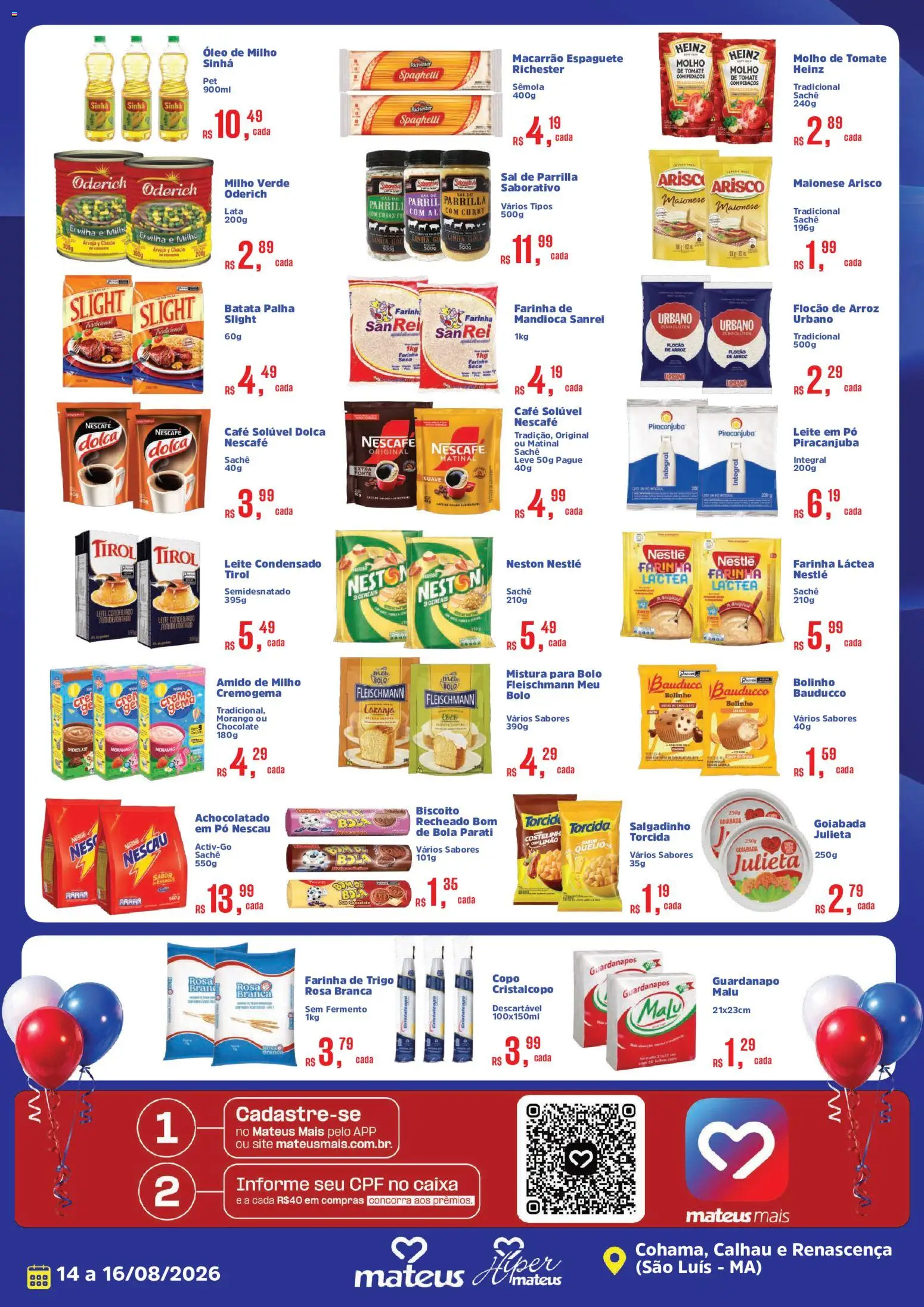Mateus Folheto - válido de 14/08/2026 | Página: 2 | Produtos: Batata, Milho, Mistura para bolo, Guardanapo
