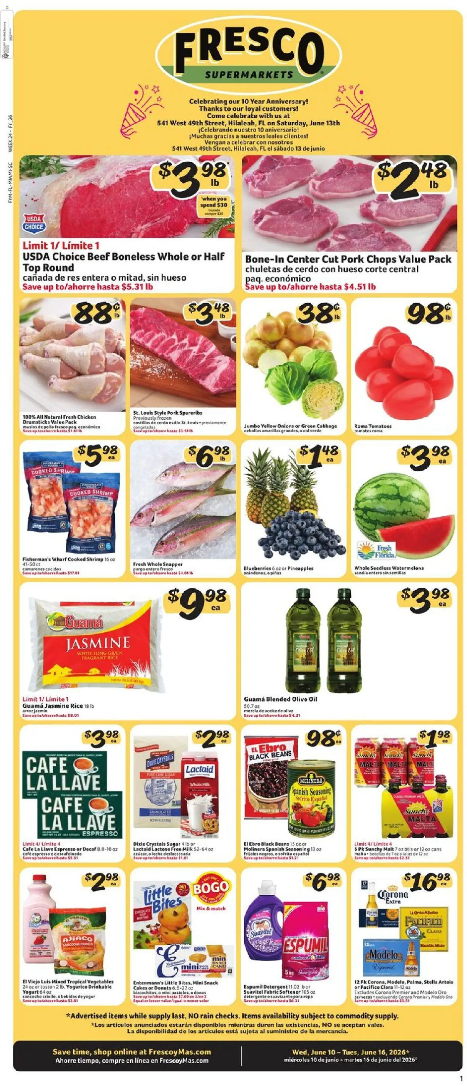 Fresco y Más Weekly Ad - valid from 10.06.2026 | Page: 1 | Products: Fabric softener, Vegetables, Cabbage, Blueberries