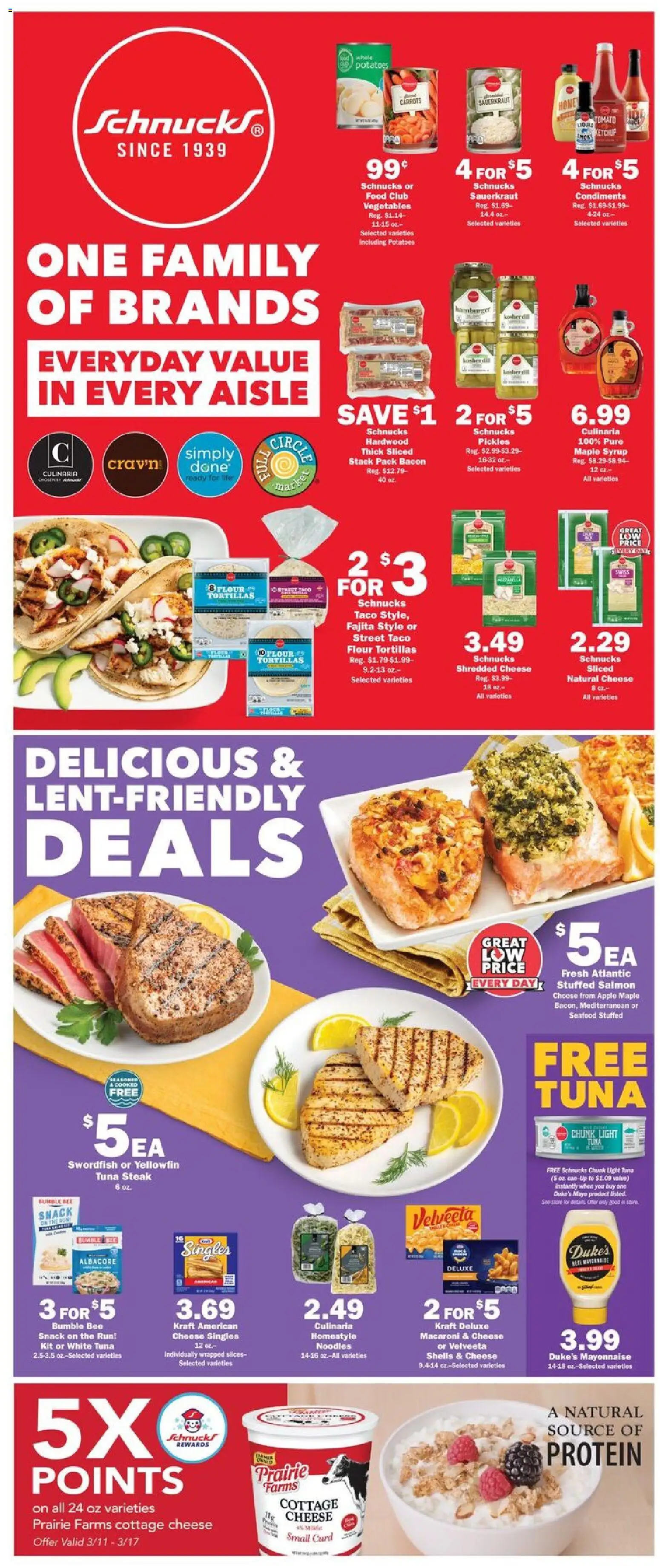 Schnucks Weekly Ad - valid from 11.03.2026 | Page: 2 | Products: Cheese, Cottage cheese, Potatoes, Vegetables