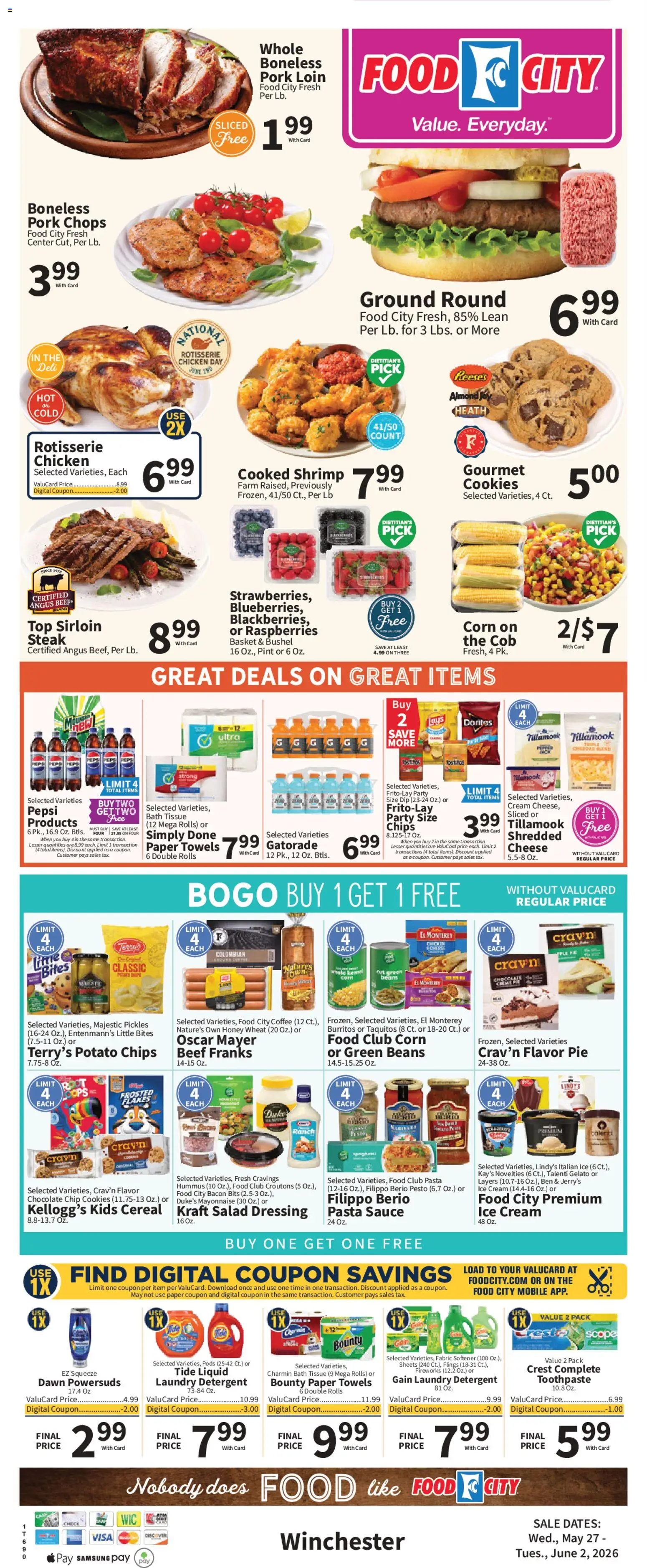 Food City Weekly Ad - valid from 27.05.2026 | Page: 3 | Products: Corn, Pork, Toothpaste, Chips
