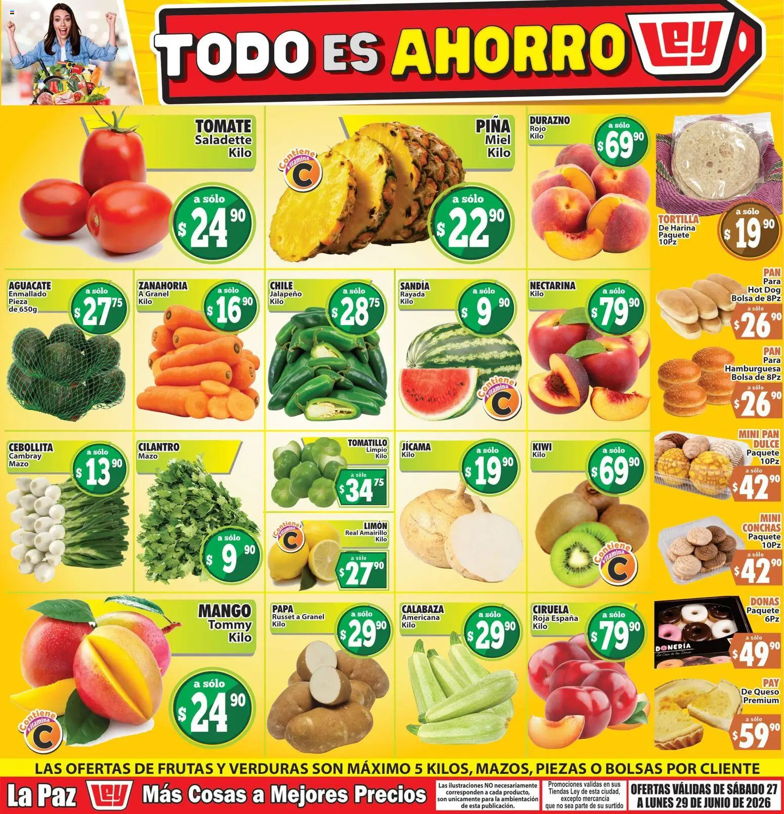 Nuevas ofertas de Casa Ley válidas en toda la República Mexicana desde el 27/06/2026. ¡Encuentra las mejores ofertas en Casa Ley folleto Las ofertas de frutas y verdunas! | Página: 1 | Productos: Sandía, Bolsa, Pan, Piña