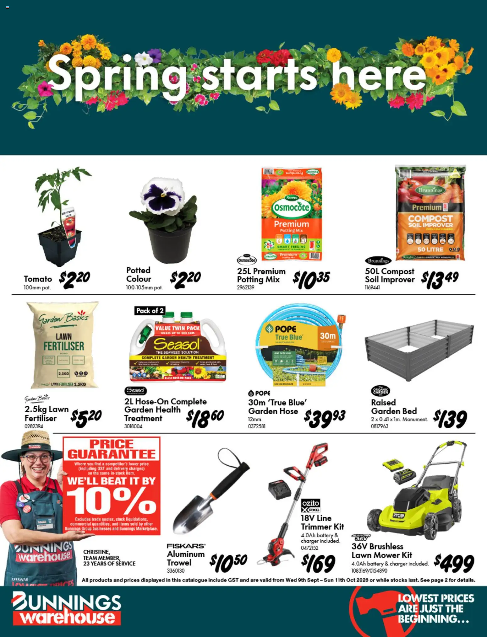 Bunnings Warehouse catalogue - valid from 09/09/2026 | Page: 1 | Products: Lawn mower, Tomato, Treatment, Mower