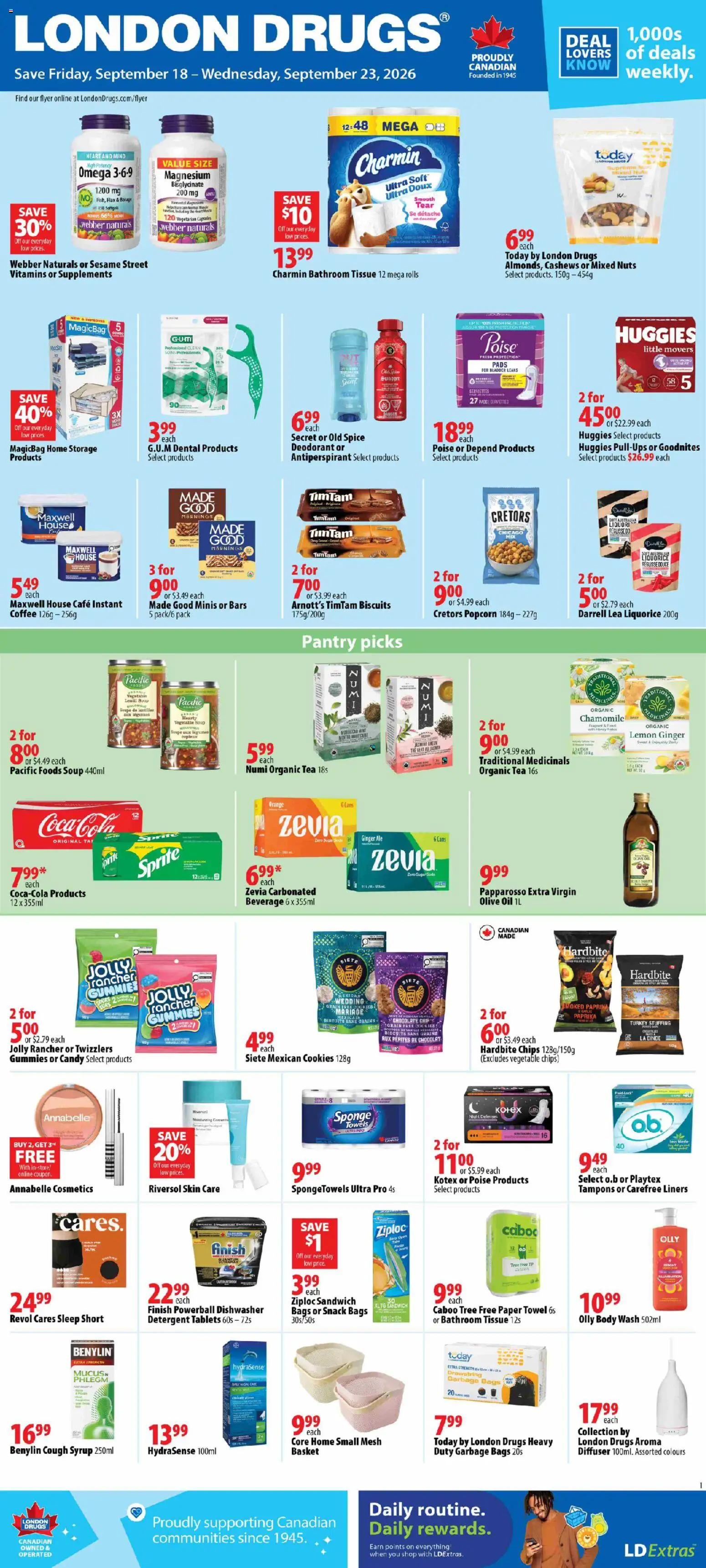 London Drugs flyer valid from Sep 18, 2026 | Page: 1 | Products: Nuts, Body wash, Towels, Chocolate