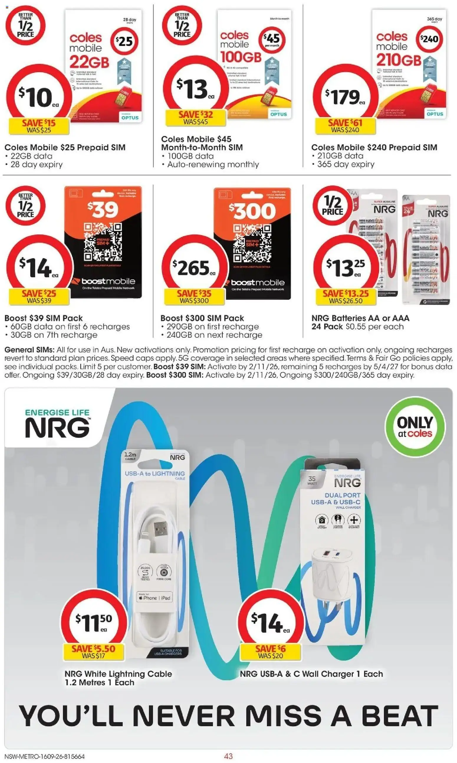 Coles catalogue - valid from 16/09/2026 | Page: 43 | Products: Batteries, Iphone, Cable, Mobile