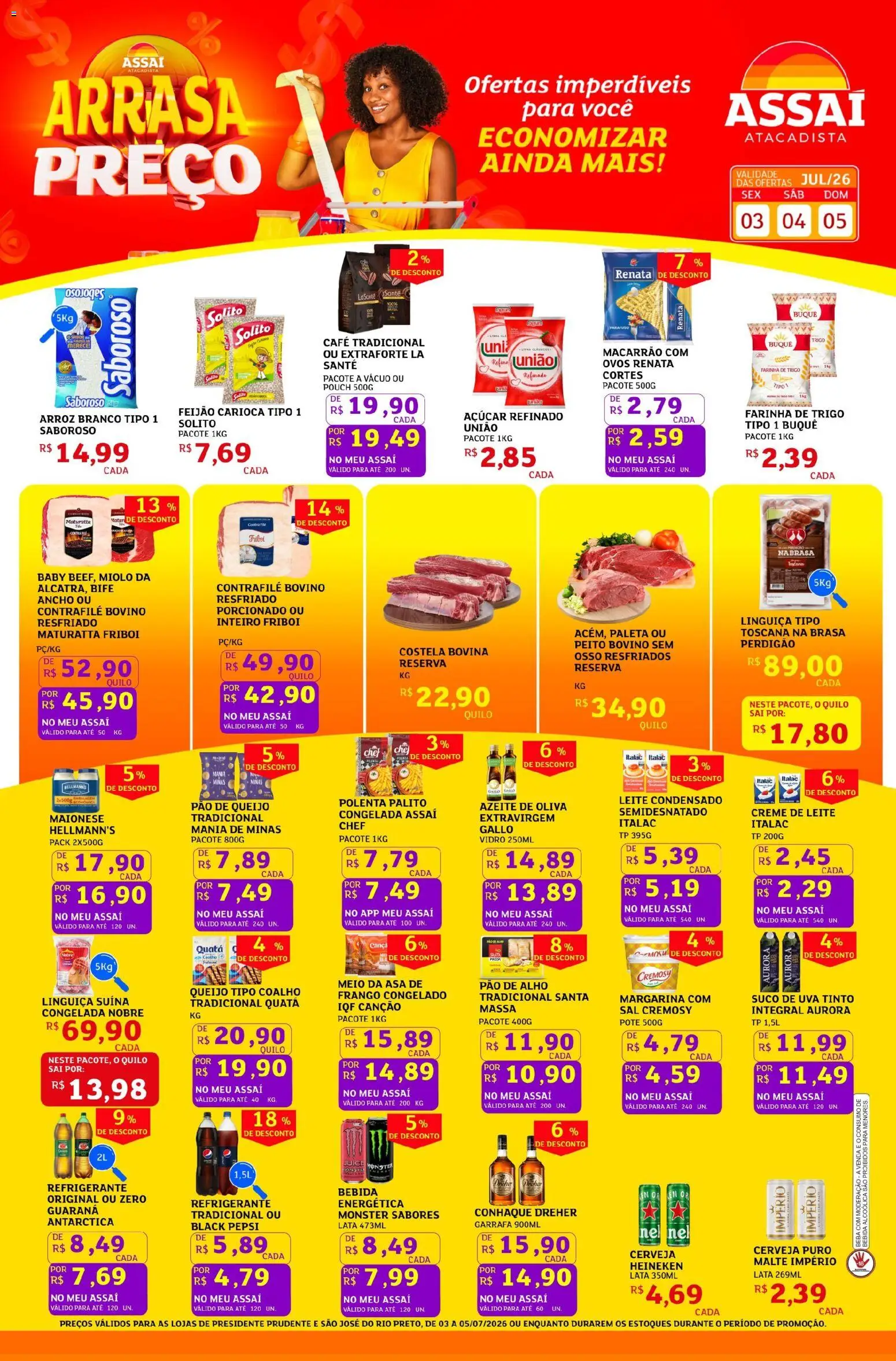 Assaí Atacadista Folheto - válido de 03/07/2026 | Página: 1 | Produtos: Feijão, Queijo, Arroz, Bebida