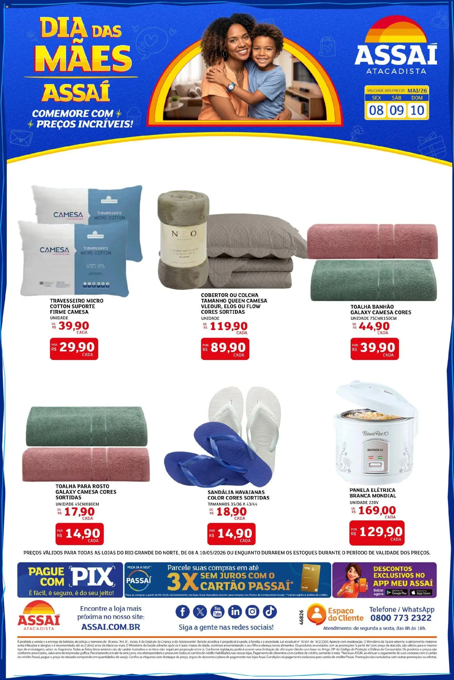 Assaí Atacadista Folheto - válido de 08.05.2026 | Página: 1 | Produtos: Travesseiro, Cobertor, Panela elétrica, Pneus